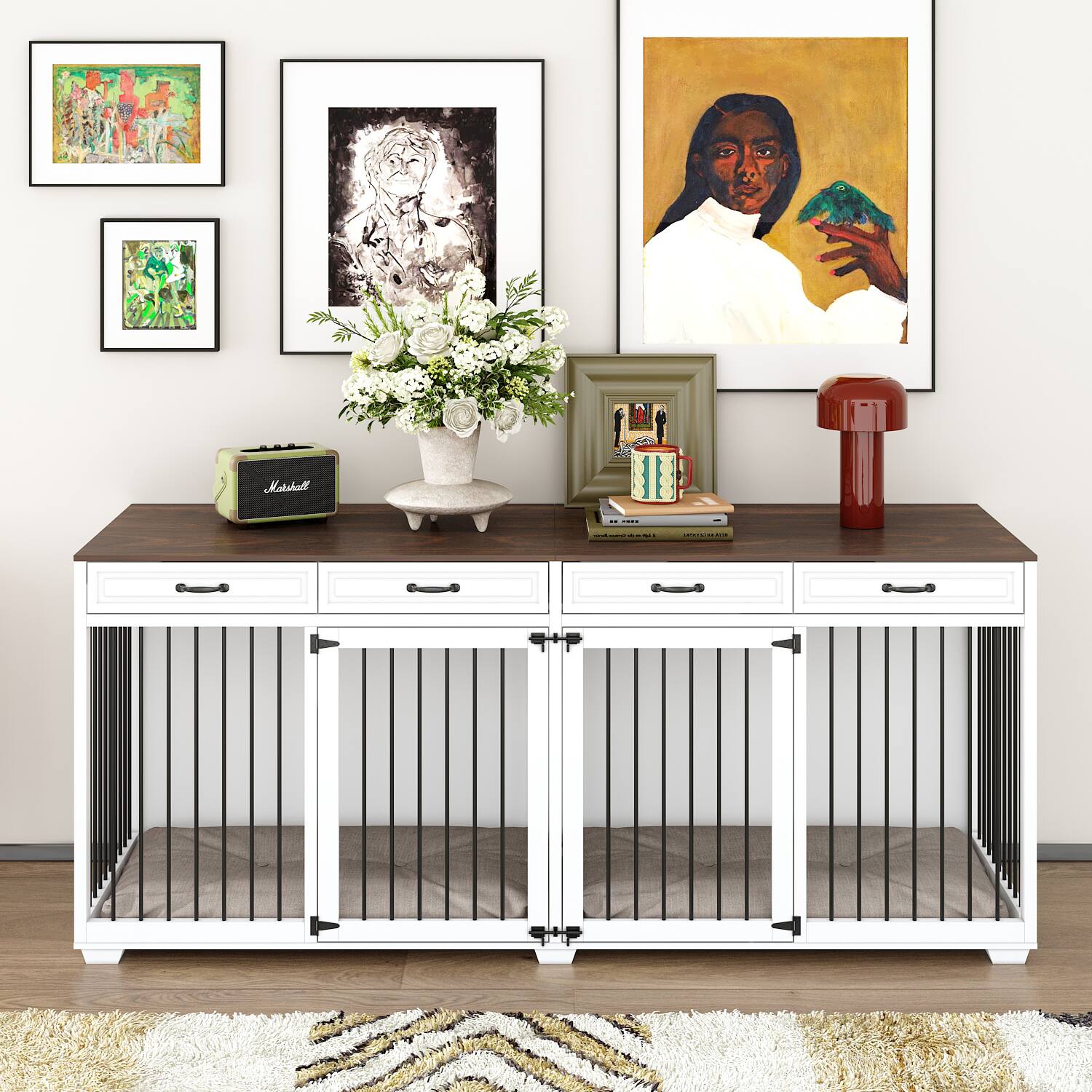 Front. Famapy - Large Furniture Style Double Dog Crate with Divider & Drawers, Wooden Pet Kennel TV Stand, Indoor Dog Cage for 2 Dogs.