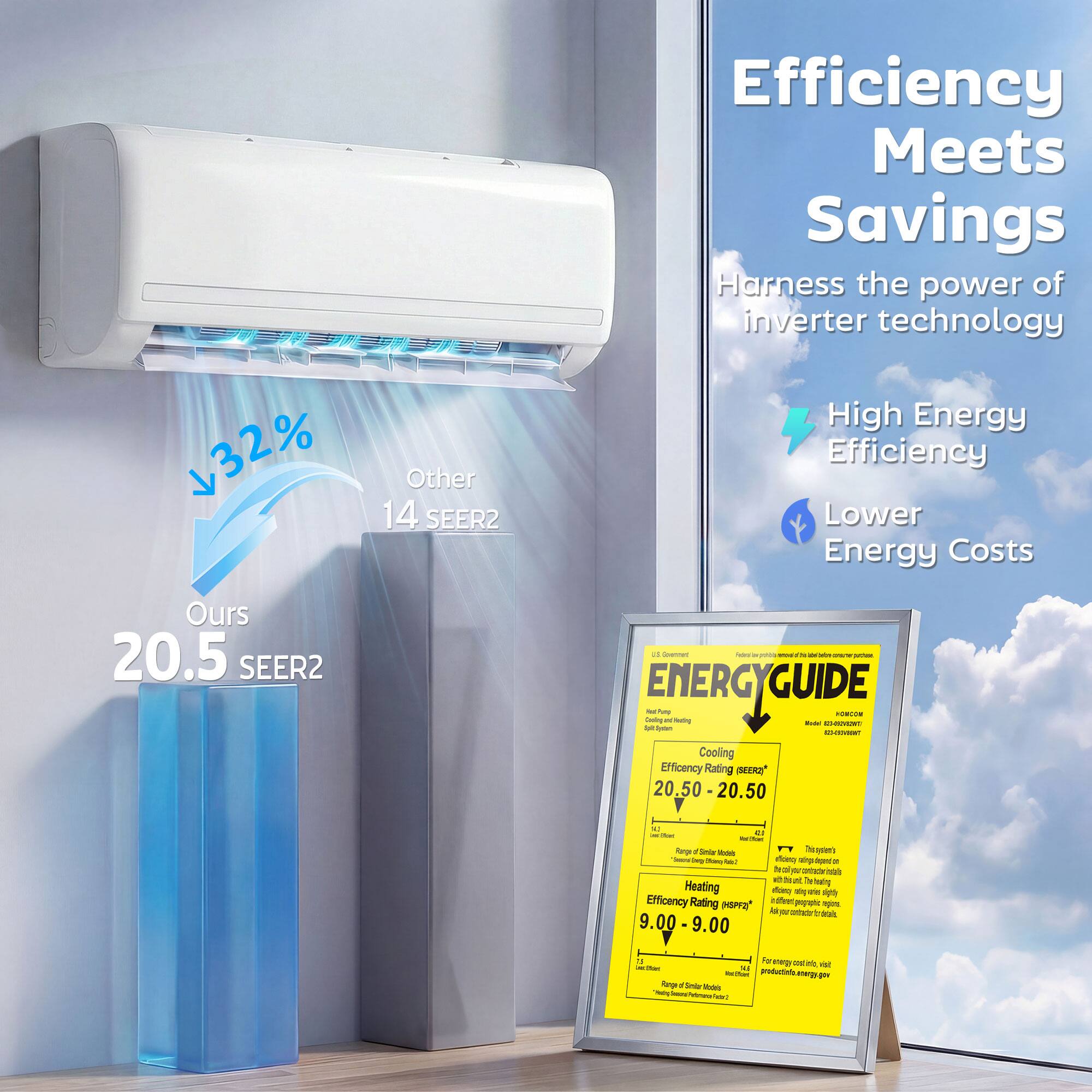 Efficiency Meets Savings  
Harness the power of inverter technology  
High Energy Efficiency  
Lower Energy Costs  

Ours 20.5 SEER2  
Other 14 SEER2  

↓32%  

ENERGY GUIDE  
Cooling Efficiency Rating 20.50 - 20.50  
Heating Efficiency Rating 9.00 - 9.00  

U.S. Department of Energy  
For energy cost info, visit www.energystar.gov