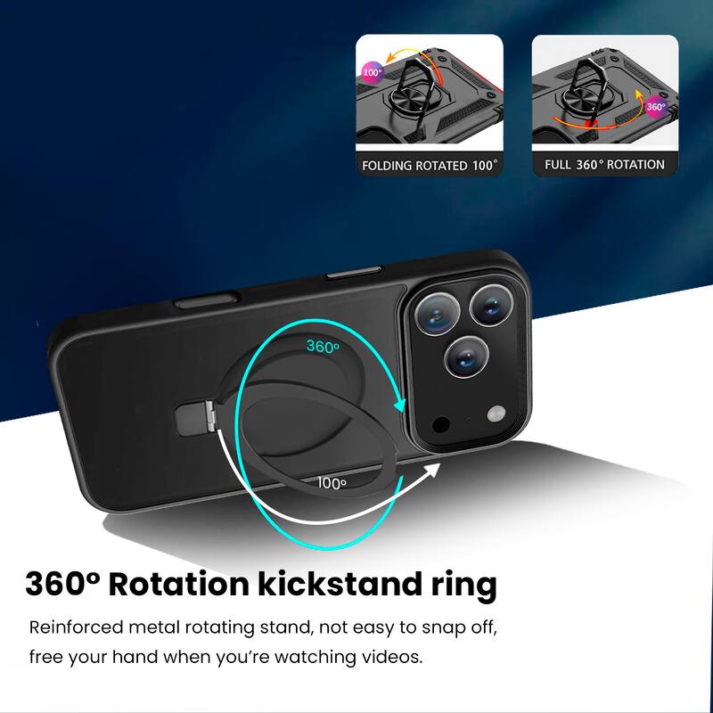 360° Rotation kickstand ring

Reinforced metal rotating stand, not easy to snap off, free your hand when you're watching videos.

FOLDING ROTATED 100°

FULL 360° ROTATION