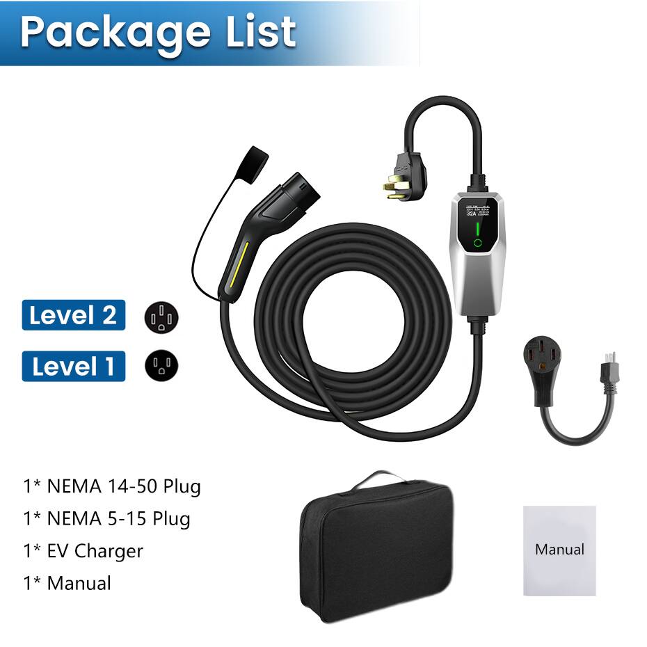 Package List

Level 2  
Level 1

1* NEMA 14-50 Plug  
1* NEMA 5-15 Plug  
1* EV Charger  
1* Manual