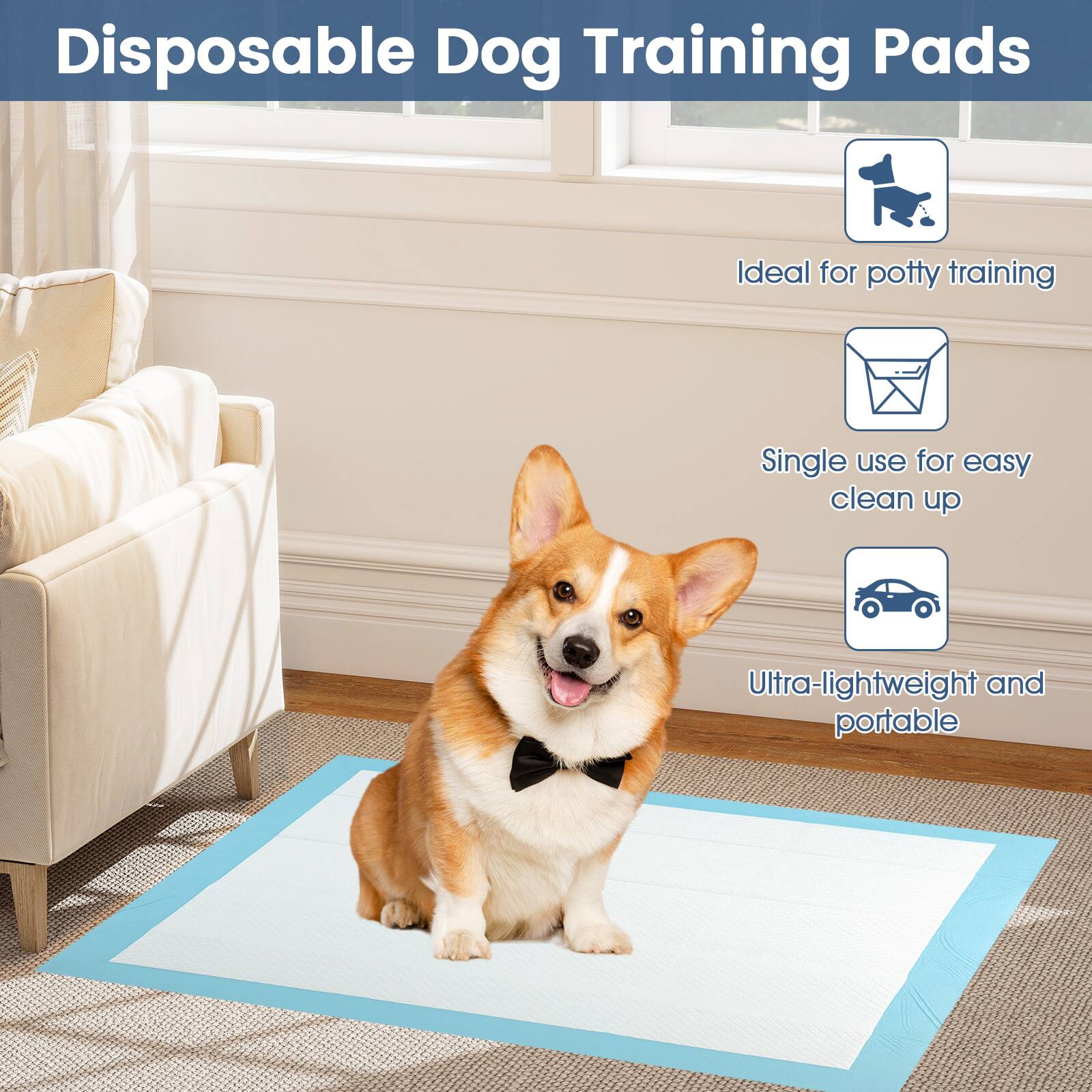 Disposable Dog Training Pads

- Ideal for potty training
- Single use for easy clean up
- Ultra-lightweight and portable