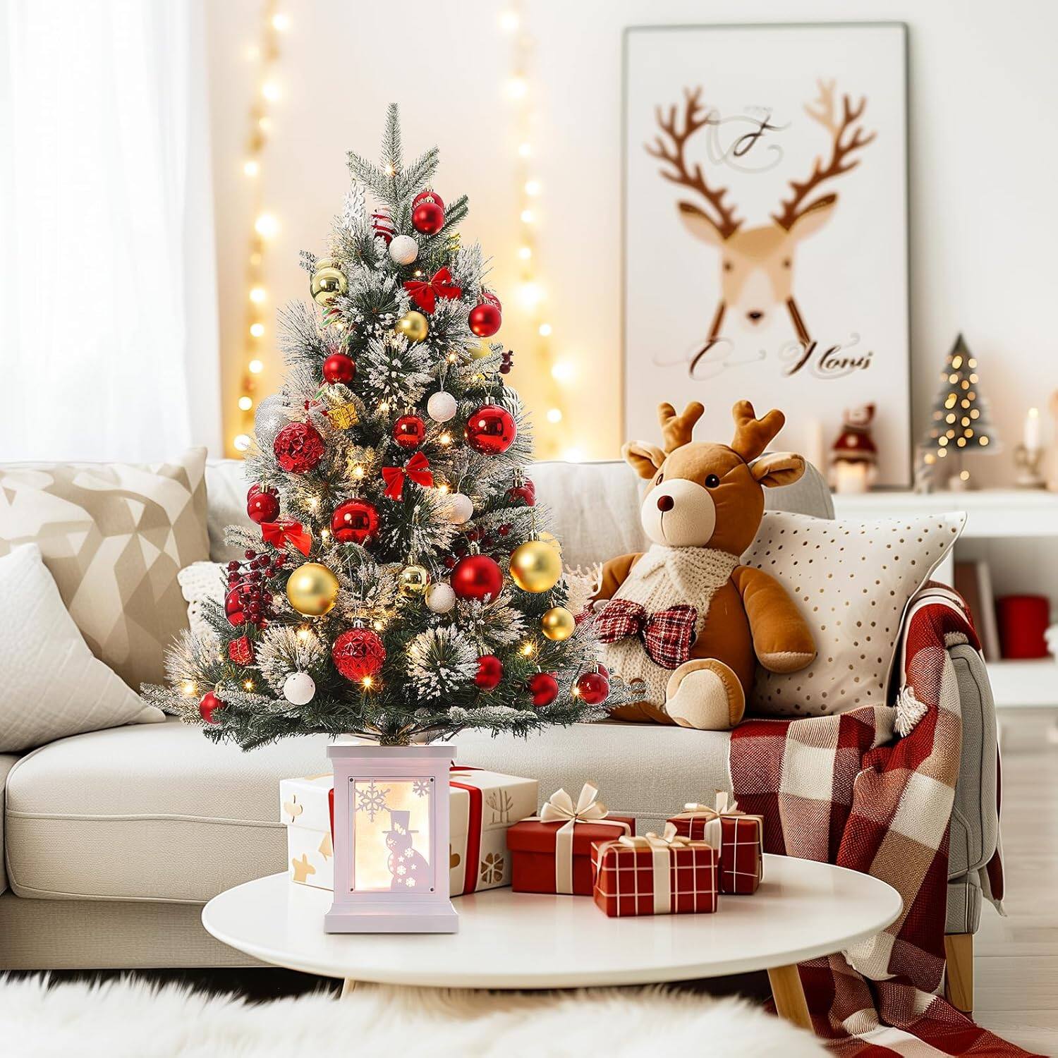 Left. GARVEE - 2 Pack 3FT Prelit Christmas Xmas Tree Flocked Snow 78 Warm White LED Lights 8 Lighting Modes with Snowman lightbox - green.