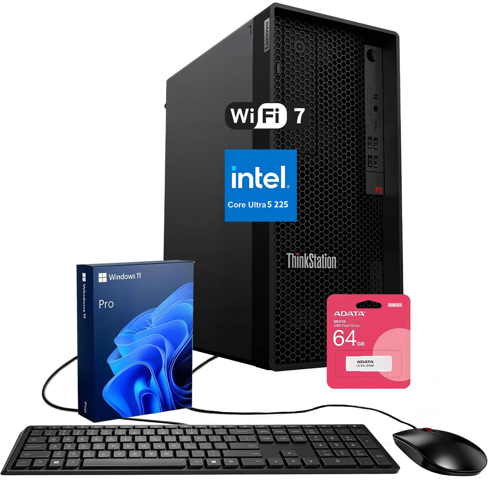 Lenovo - ThinkStation P2 Desktop - Intel Core Ultra 5 225 - 16GB RAM 512GB SSD - Wired Keyboard & Mouse - Adata 64GB USB Drive - Black