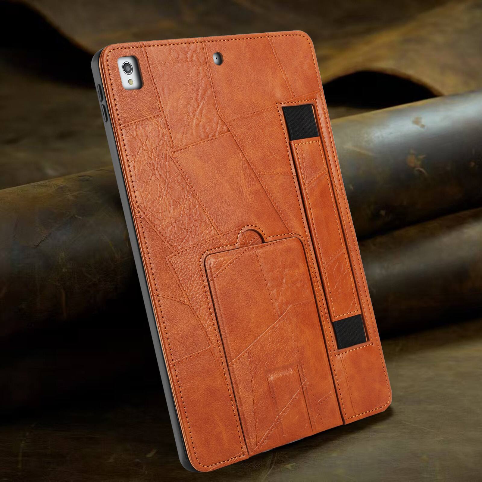 Left. Dteck - Leather Texture Case for Apple iPad (9th Generation) 10.2" 2021, Shockproof Cover with Multi-Angle Stand and Hand Strap - Brown.
