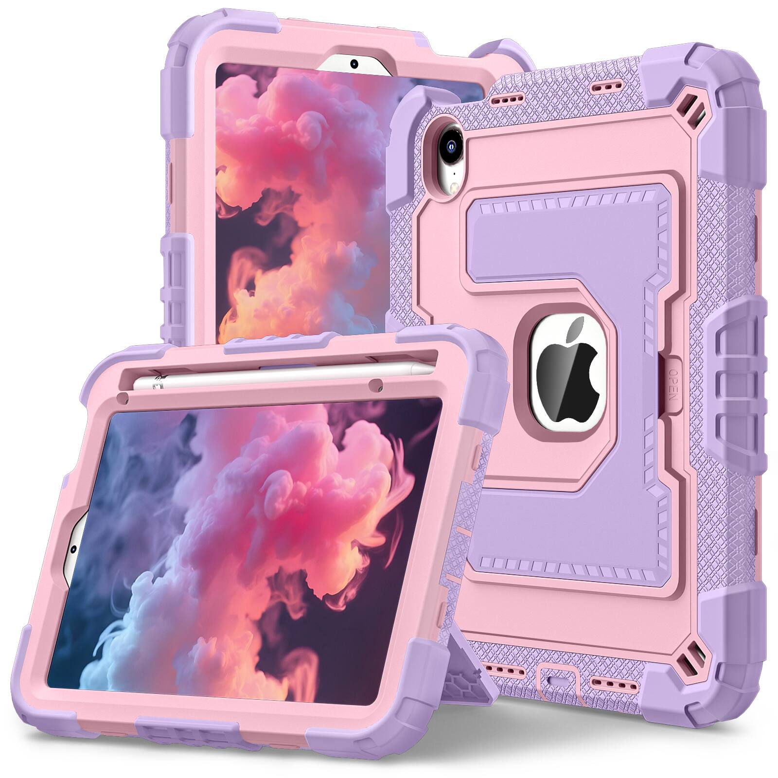 Angle. UUCOVER - Rugged Protective Case for iPad Mini A17 Pro 8.3" 2024/iPad Mini 6th Gen 2021 Shockproof Stand Cover with Shoulder Strap - Purple+Pink.