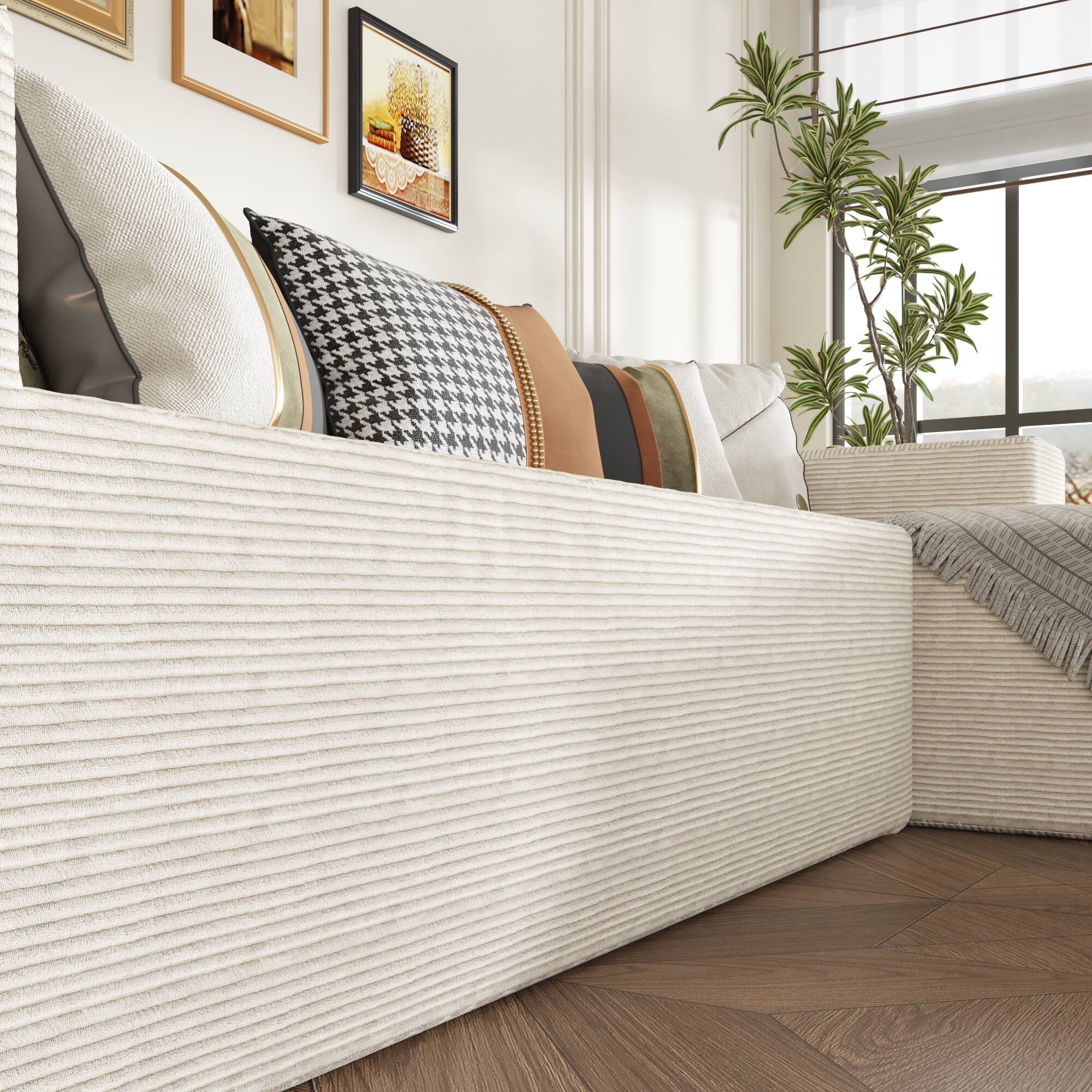 Alt View 5. FUFU&GAGA - Beige Corduroy L-Shaped Sectional Sofa with Chaise, High-Resilience Foam Cushions and Throw Pillows - Beige.