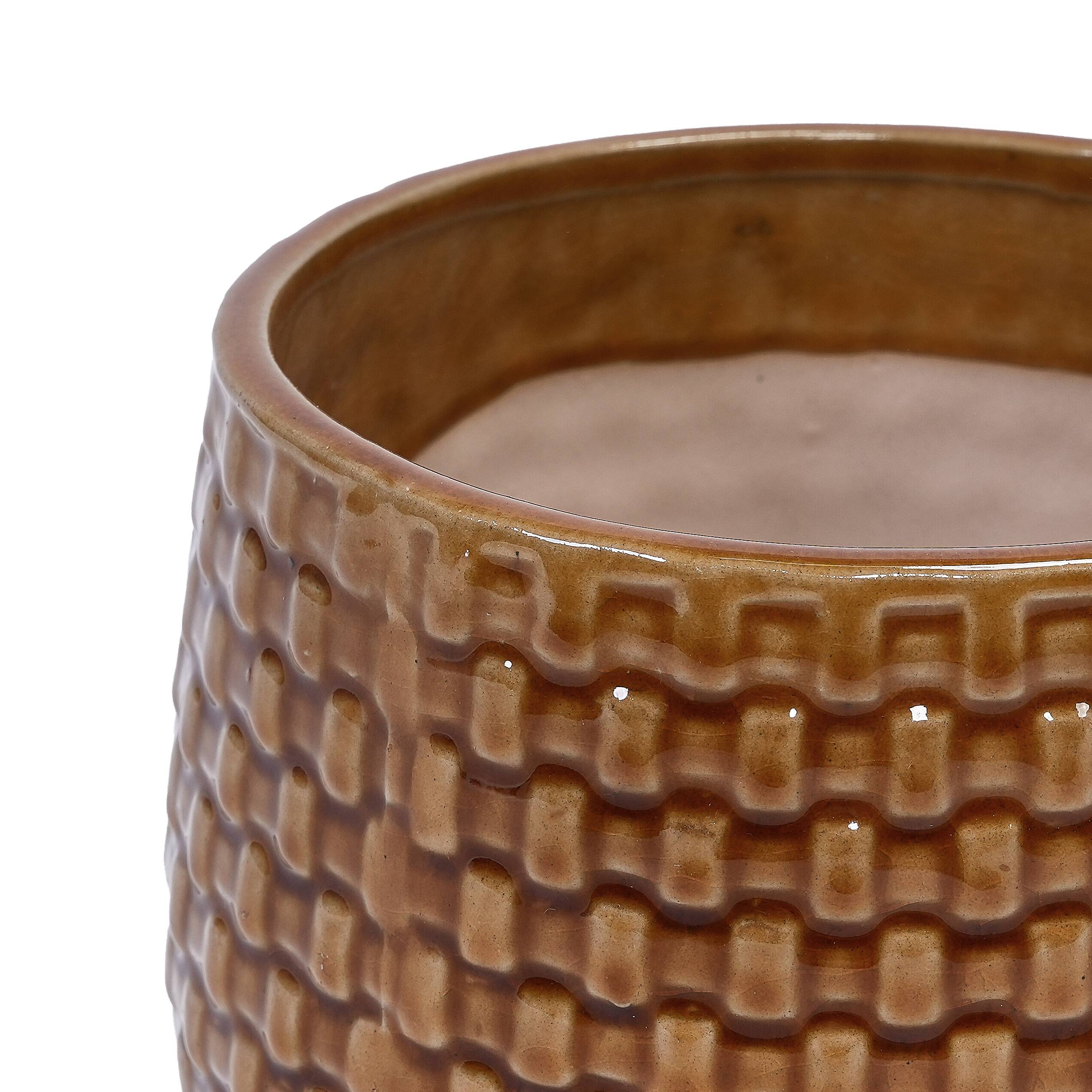 Alt View 9. Loheer - Loheer Ceramic Planter Set, Handmade Glazed Planter Set of 3 with Drainage, Diamond Pattern Terracotta Brown Pots.