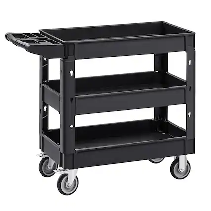 Front. VEVOR - Utility Service Cart, 550 LBS Laod Capacity, 3 Shelf Heavy Duty Plastic Rolling Utility Cart with 360° Swivel Wheels - Black.