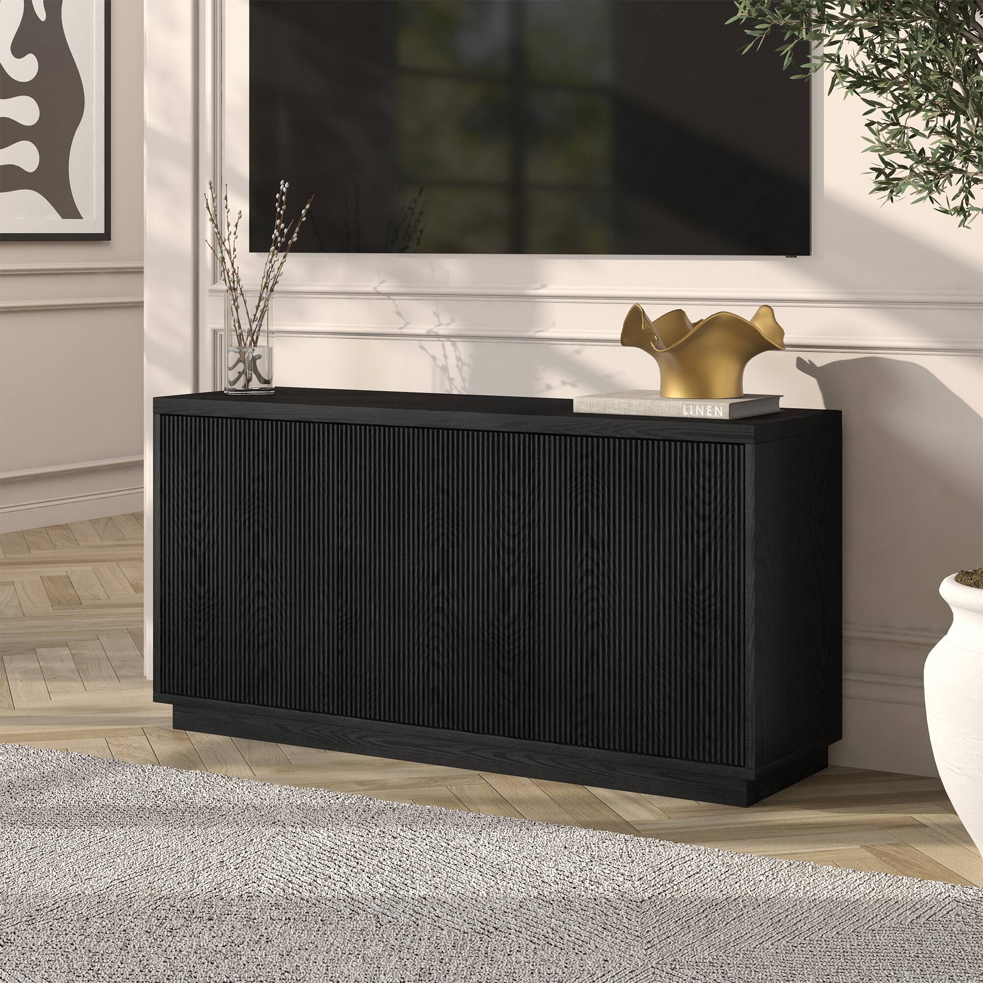 Alt View 3. Hudson&Canal - Hanson Rectangular Fluted TV Stand for TV's up to 55" in Black Grain - Black Grain.
