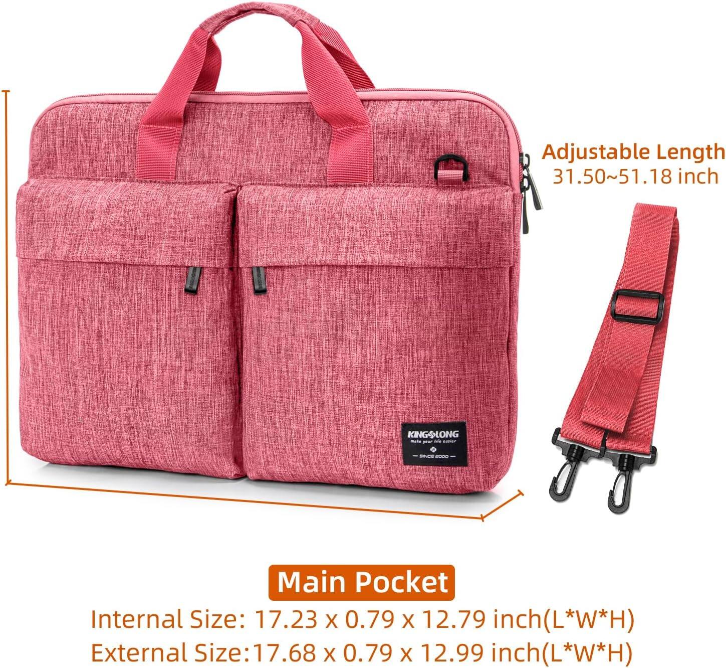 Adjustable Length: 31.50~51.18 inch

Main Pocket
Internal Size: 17.23 x 0.79 x 12.79 inch (L*W*H)
External Size: 17.68 x 0.79 x 12.99 inch (L*W*H)