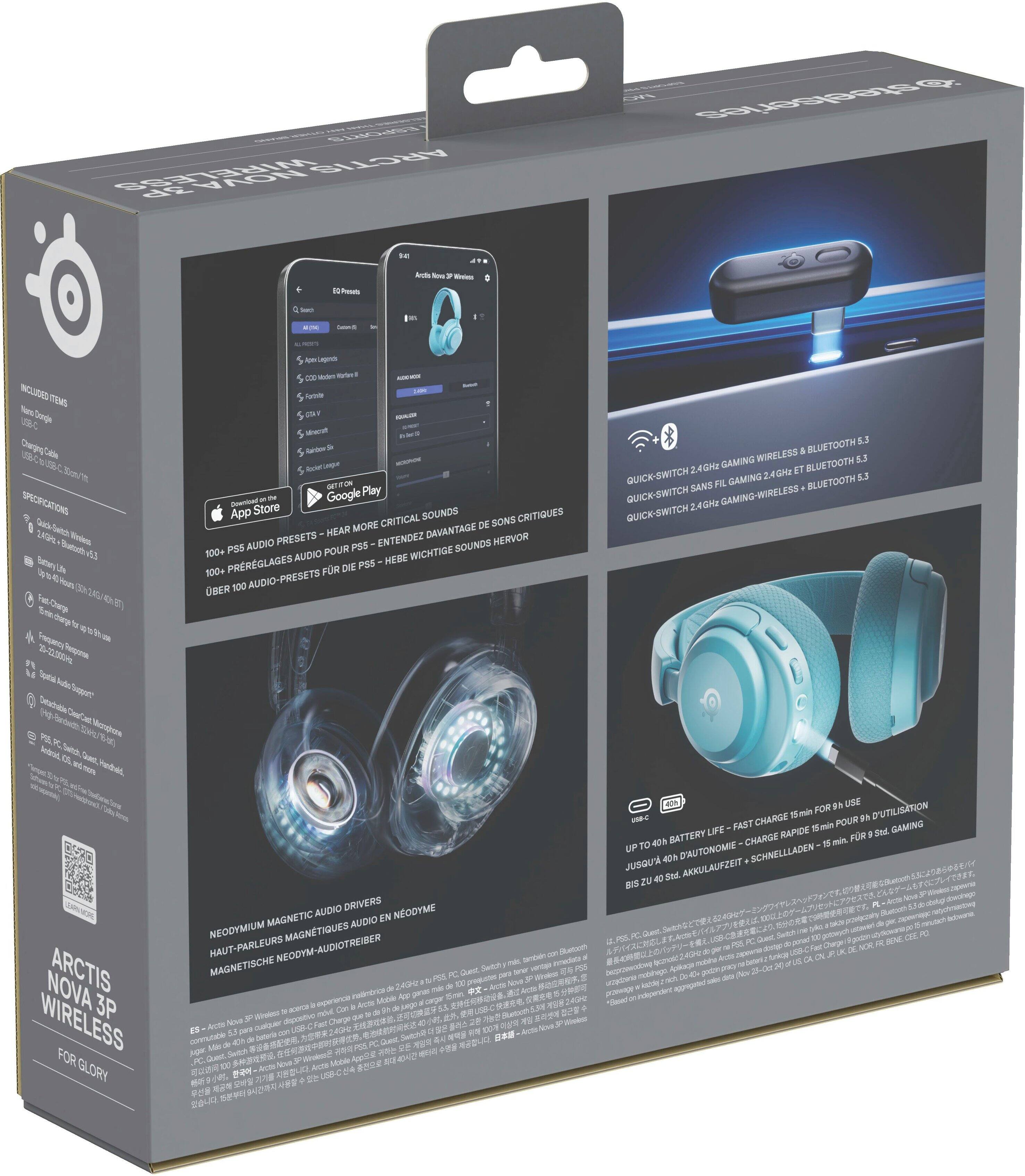 The box contains a wireless gaming headset, which is compatible with the PlayStation 5. The headset features a quick-switch gaming mode and a wireless design, making it convenient for gaming sessions. The headset also comes with a charging cable and a USB adapter for easy setup. Additionally, the box includes a user manual and a warranty card for the headset.