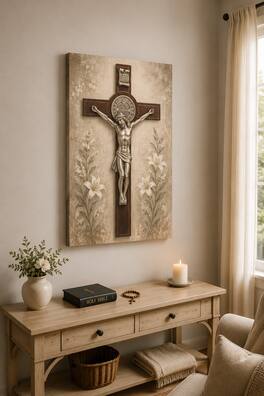 FC Design - Large Sacred Crucifix Floral Canvas Print 24x36"-Ready-to-Hang Rustic Catholic Prayer Room Art Painting Home Wall Décor - MultiColor