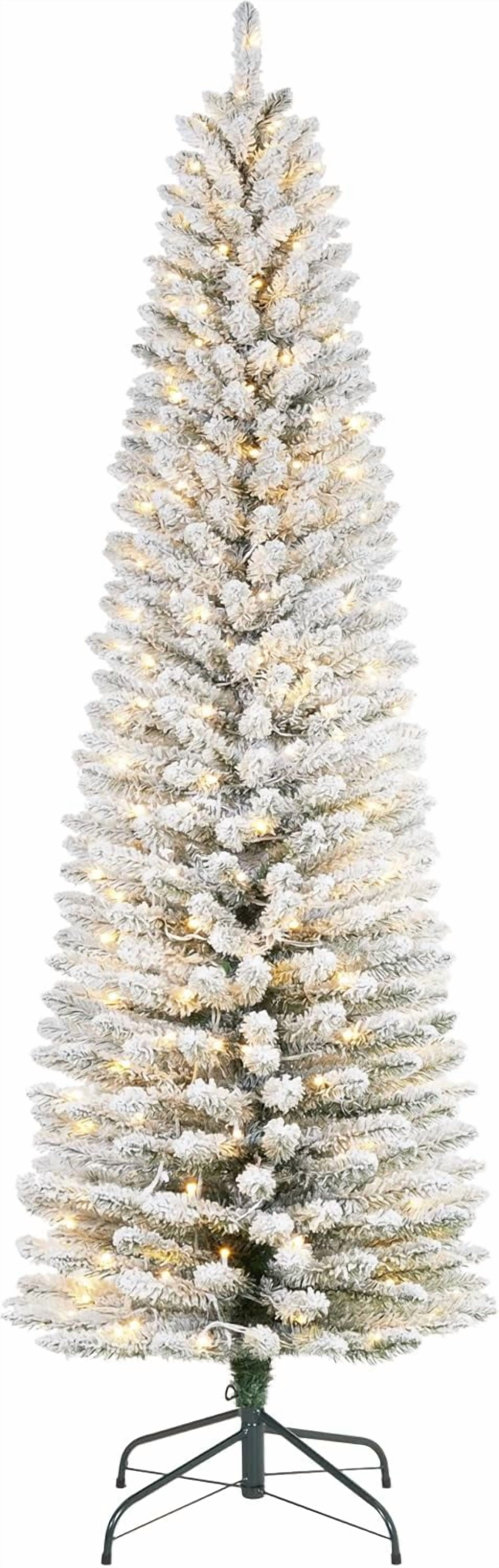 Qeetex - 7.5ft Flocked Pencil Christmas Tree, Pre-lit Slim Frosted Tree with Warm White LED Lights - Green 7.5ft