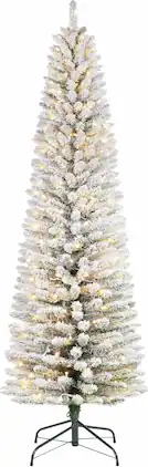 Qeetex - 9ft Flocked Pencil Christmas Tree, Pre-lit Slim Frosted Artificial Tree with Warm White LED Lights - Green 9ft