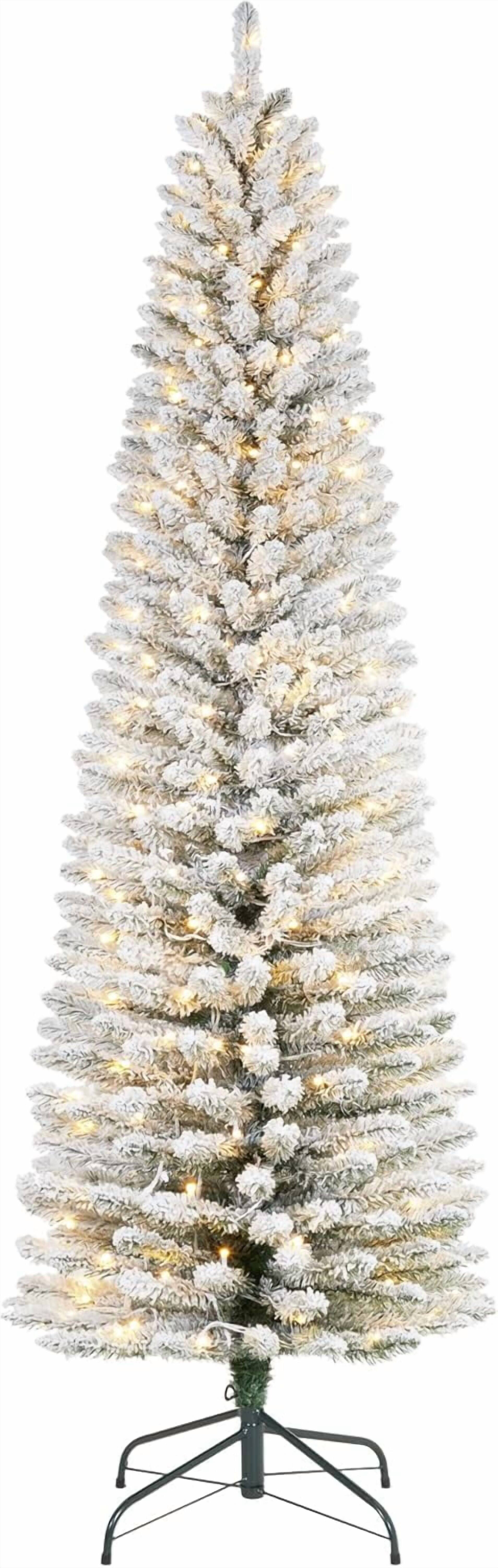 Qeetex - 9ft Flocked Pencil Christmas Tree, Pre-lit Slim Frosted Artificial Tree with Warm White LED Lights - Green 9ft