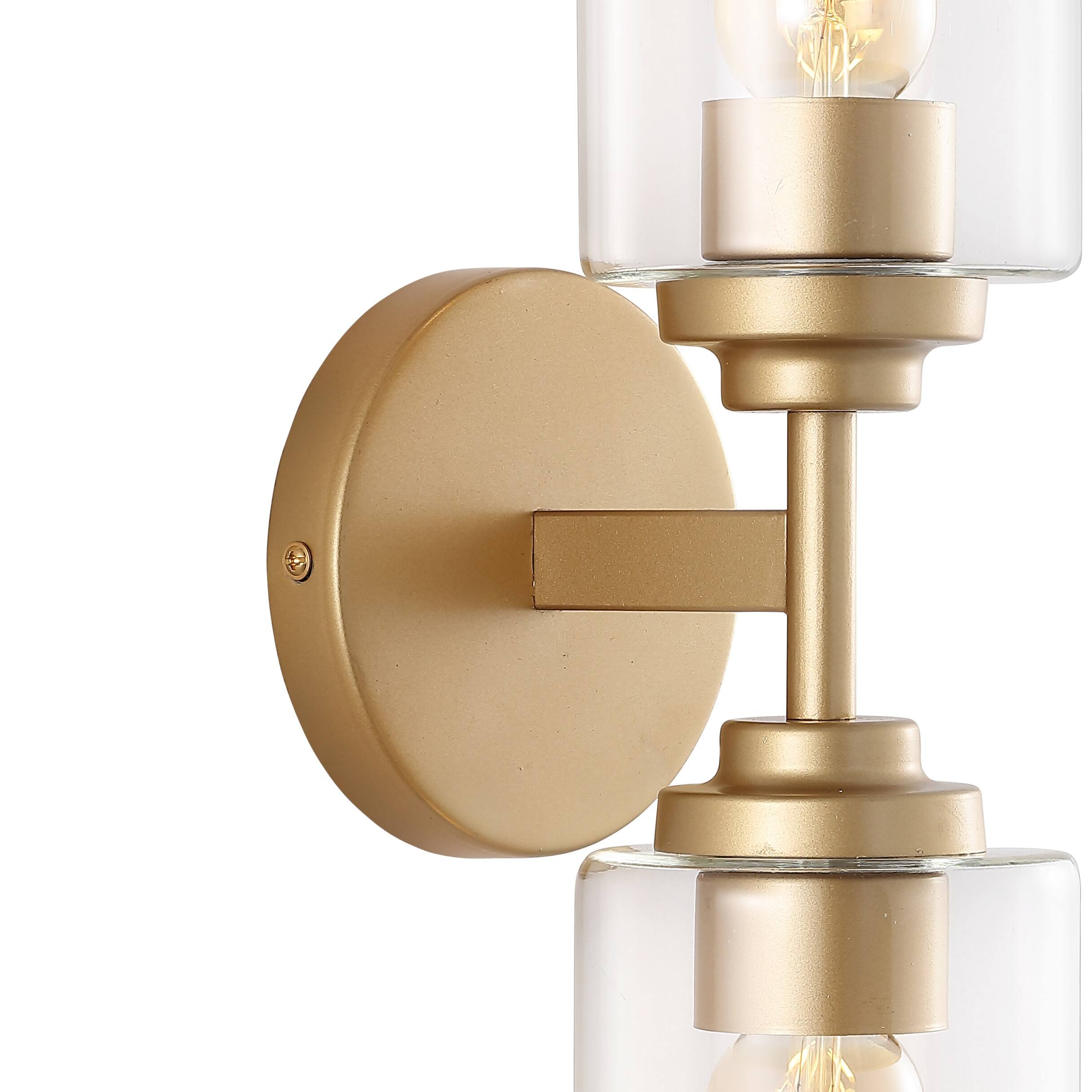 Alt View 4. Jonathan Y - Giles 16" 2-Light Farmhouse Industrial Iron Cylinder LED Sconce, Brass Gold/Clear - Brass Gold.
