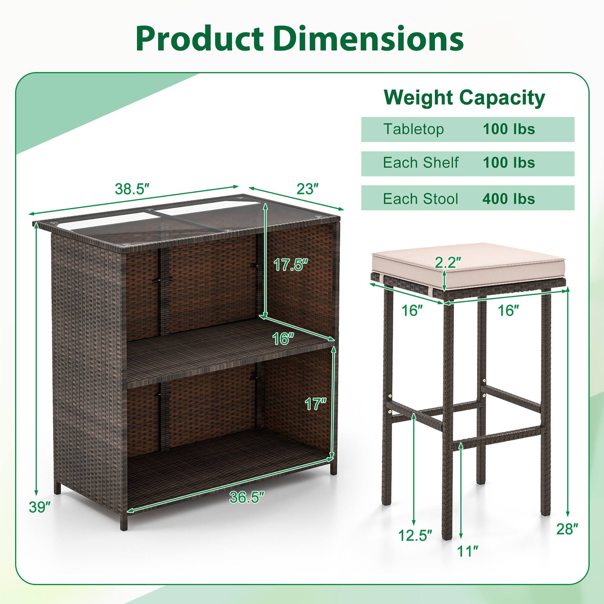 Product Dimensions

Weight Capacity
- Tabletop: 100 lbs
- Each Shelf: 100 lbs
- Each Stool: 400 lbs

Tabletop:
- Height: 17.5"
- Depth: 23"
- Width: 38.5"

Shelf:
- Depth: 16"
- Height: 17"

Stool:
- Seat Height: 12.5"
- Seat Diameter: 16"
- Height: 28"
- Seat Thickness: 2.2"