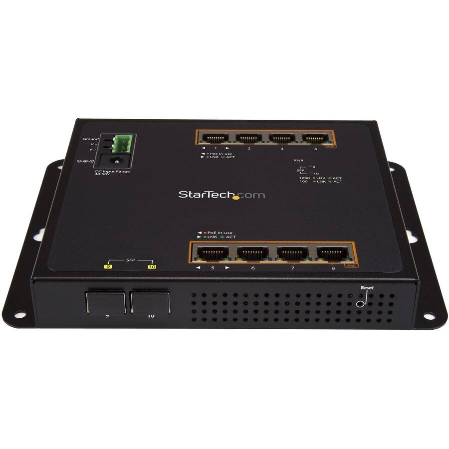 Ground  
V-  
V+  
DC Input Range 56V  

1  
2  
3  
4  
PWR  
SFP  
5  
6  
7  
8  
PoE In-use LNK x ACT  

9  
SFP  
10  
1000 LNK ACT  
100 LNK ACT  

StarTech.com  

PoE In-use LNK x ACT  

Reset