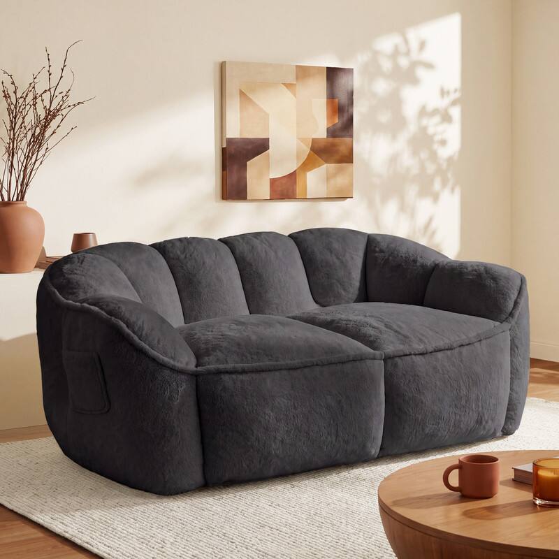 Angle. Vipbear - 65" Faux Fur Bean Bag Couch, 2 Seat Loveseat Sofa, Ultra Soft Floor Sofa with Memory Foam Filled for Living Room/Bedroom - gray.