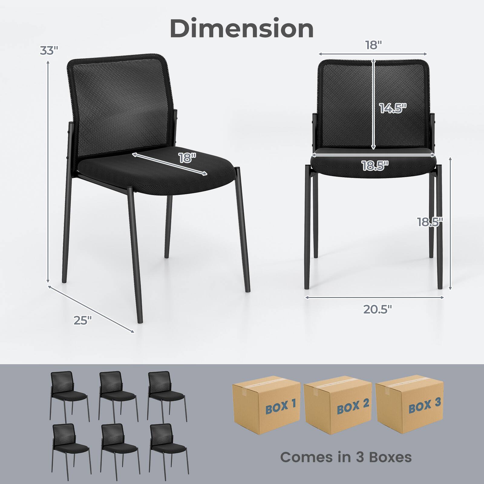 The text on the image reads: "33" Dimension 18" 14.5" 18" 8 18.5" 18.5" 25" 20.5" BOX 1 BOX 2 BOX 3 Comes in 3 Boxes."

Corrected text: "33" Dimension: 18" x 14.5" x 18" x 8" x 18.5" x 18.5" x 25" x 20.5" BOX 1 BOX 2 BOX 3 Comes in 3 Boxes."