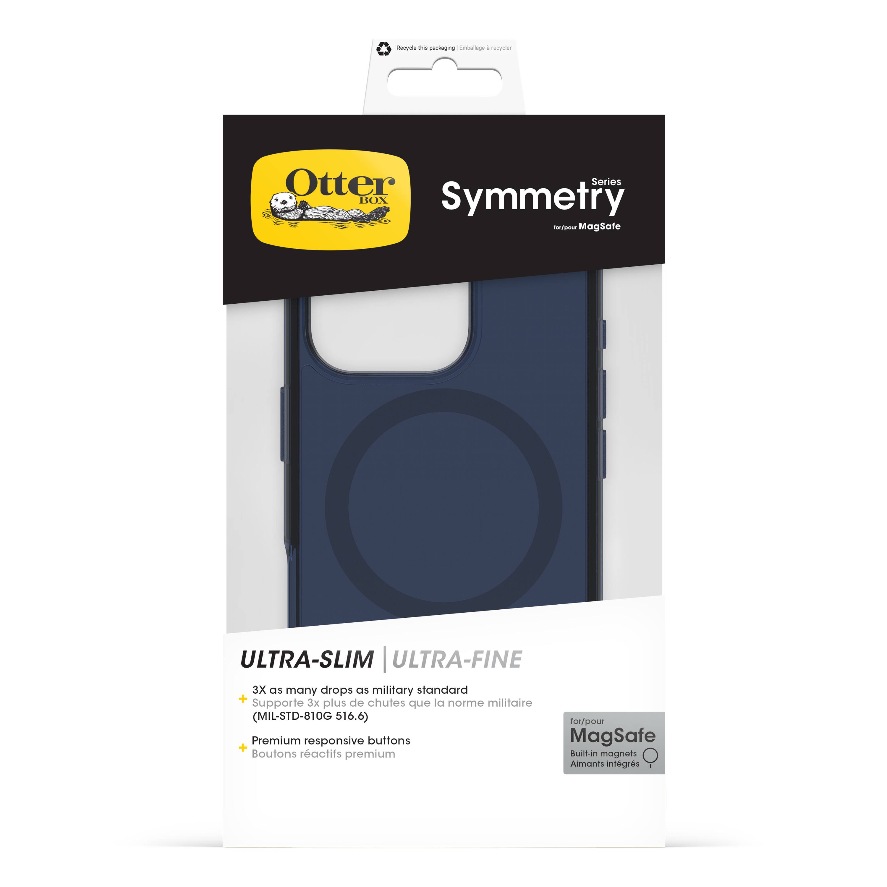 The text on the image is in French, so I will provide the corrected text in English.

"Otter Series - BOX Symmetry Tactical - MagSafe ULTRA-SLIM | ULTRA-FINE 3X as many drops as military standard + 3x plus de chutes la norme militaire Supporte que (MIL-STD-810G 516.6) for/pour Premium responsive buttons MagSafe + Boutons ractifs premium Built-in magnets Aimants integrs"

Corrected text:
"Otter Series - BOX Symmetry Tactical - MagSafe ULTRA-SLIM | ULTRA-FINE 3X as many drops as military standard + 3x more drops than the military standard (MIL-STD-810G 516.6) for/pour Premium responsive buttons MagSafe + Premium responsive buttons Built-in magnets Aimants integrs"