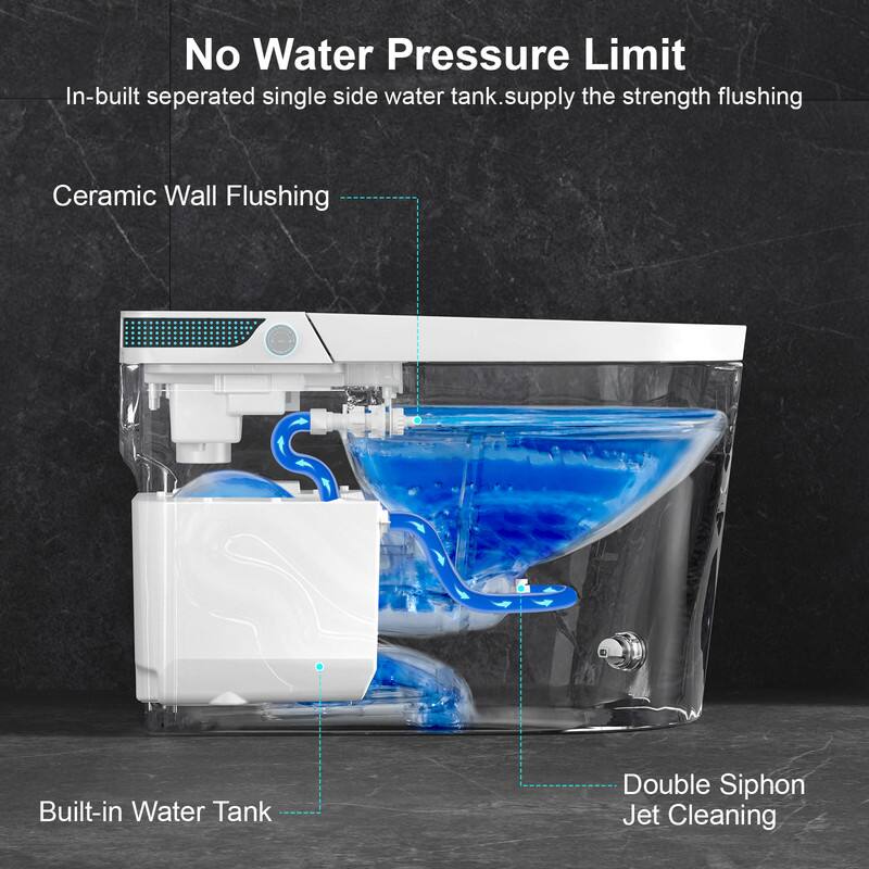 No Water Pressure Limit  
In-built separated single side water tank. supply the strength flushing  

Ceramic Wall Flushing  

Built-in Water Tank  

Double Siphon Jet Cleaning