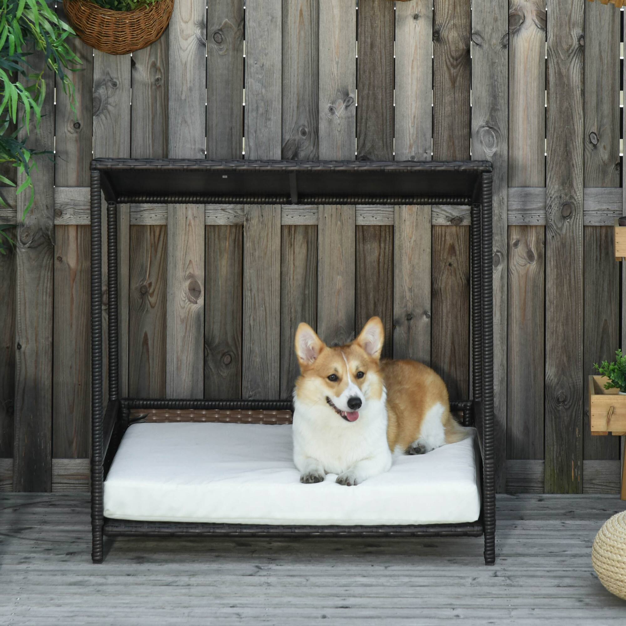 Alt View 4. Pawhut - Wicker Dog House, Raised Rattan Puppy Bed, Cat Shelter Indoor/Outdoor, Removable Cushion, Medium Pet - Brown and White.