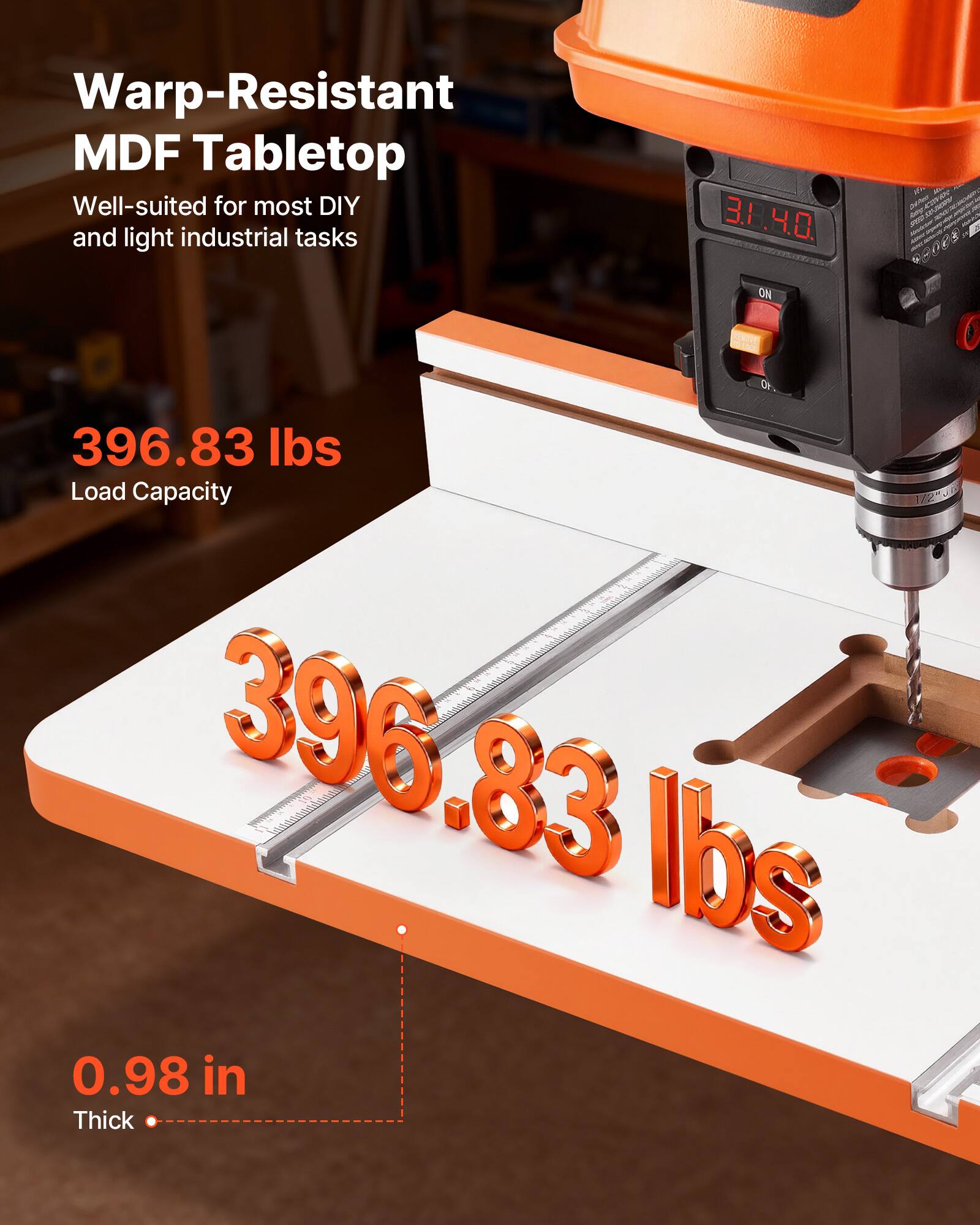 Warp-Resistant MDF Tabletop  
Well-suited for most DIY and light industrial tasks  

396.83 lbs Load Capacity  
0.98 in Thick