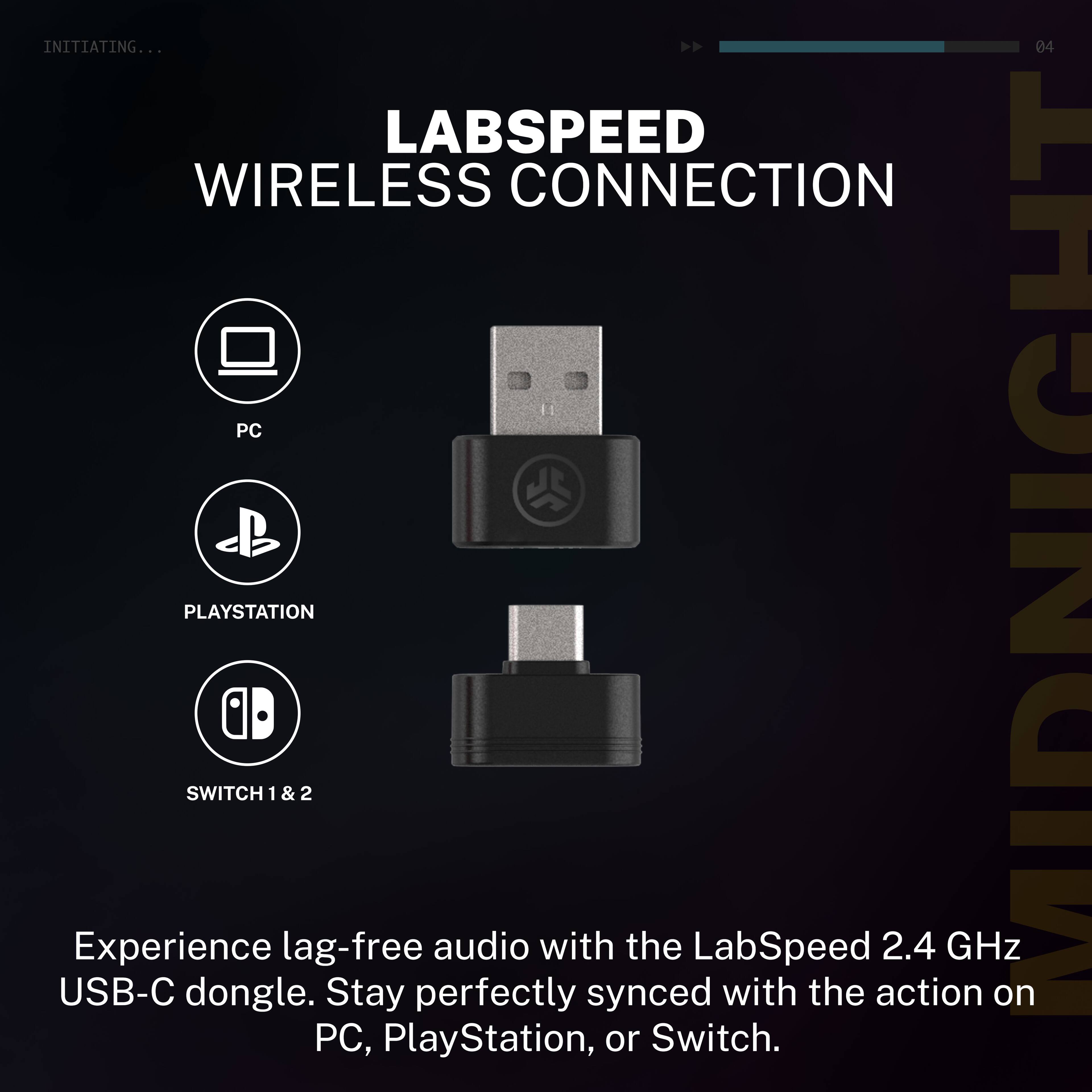 INITIATING...

LABSPEED WIRELESS CONNECTION

PC  
PLAYSTATION  
SWITCH 1 & 2

Experience lag-free audio with the LabSpeed 2.4 GHz USB-C dongle. Stay perfectly synced with the action on PC, PlayStation, or Switch.
