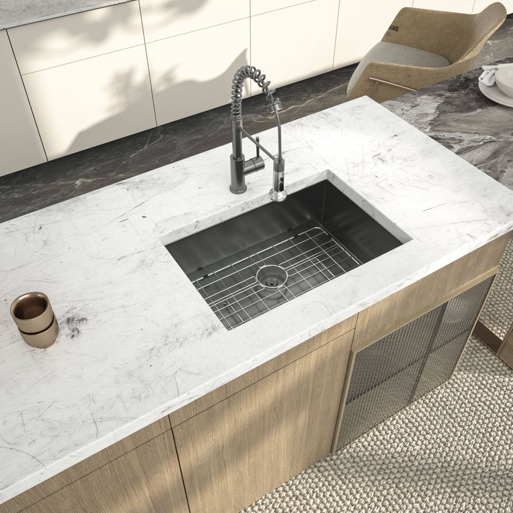 Angle. Lordear - 28" x 18" x 9" Undermount Gunmetal Black Kitchen Sink Single Bowl 16 Gauge Stainless Steel Sink - Gunmetal Black.