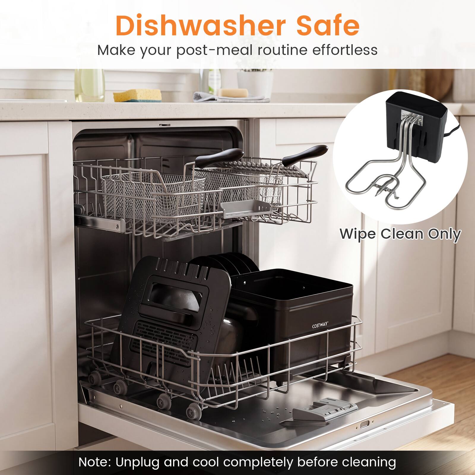 Dishwasher Safe  
Make your post-meal routine effortless  

Wipe Clean Only  

Note: Unplug and cool completely before cleaning