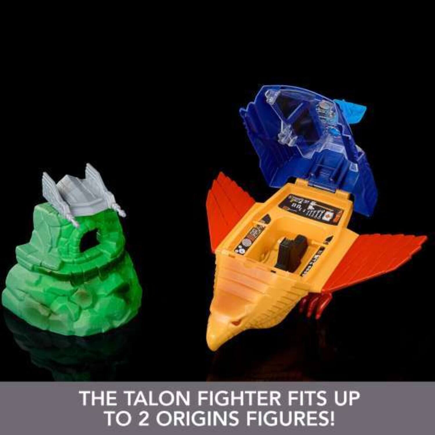 The text on the image reads: "The Talon Fighter fits up to 2 Origins figures!"