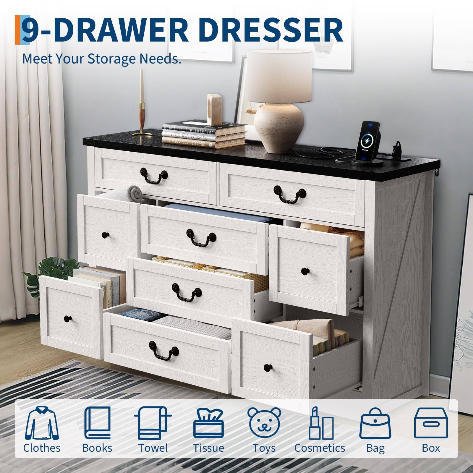 9-Drawer Dresser  
Meet Your Storage Needs.

- Clothes
- Books
- Towel
- Tissue
- Toys
- Cosmetics
- Bag
- Box