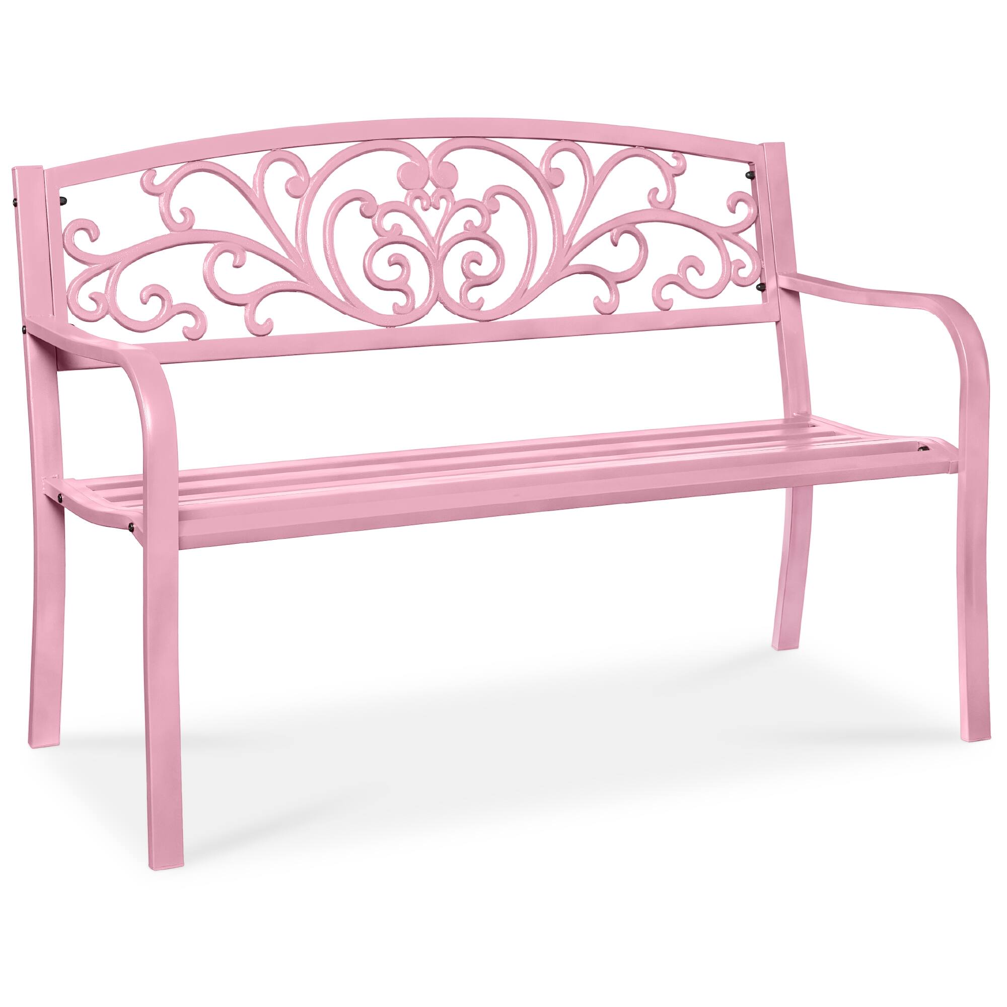 Front. Best Choice Products - Best Choice Products Outdoor Steel Bench Garden Patio Porch Furniture w/ Floral Design Backrest - Pink - Pink.