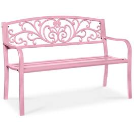 Best Choice Products - Outdoor Steel Bench Garden Patio Porch Furniture w/ Floral Design Backrest - Pink