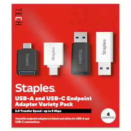 Staples TECH - USB-A to USB-C Adapter Set, Assorted Colors, Male to Female, Data/Charging Adapters, 4-Pack