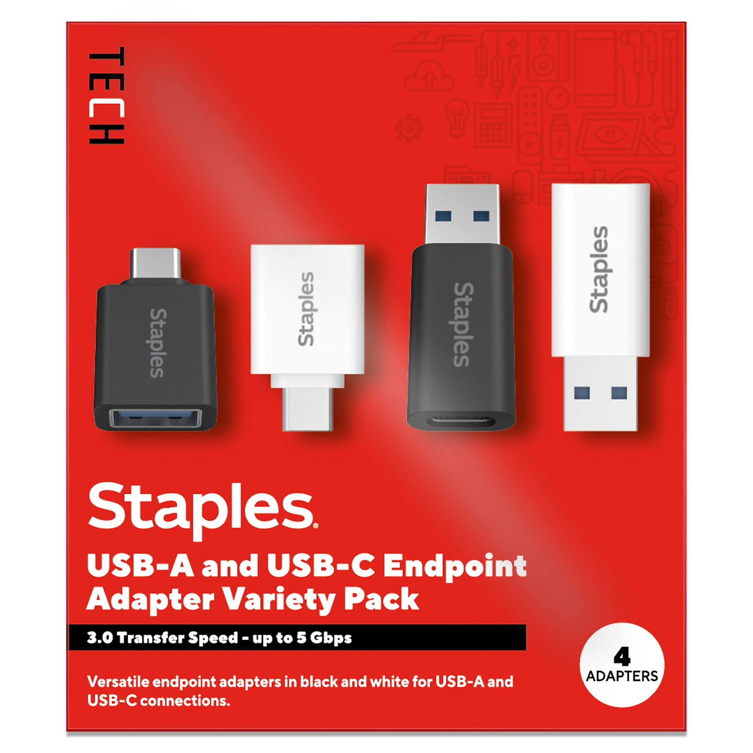 TECH Staples USB-A and USB-C Endpoint Adapter Variety Pack 3.0 Transfer Speed - up to 5 Gbps 4 Versatile endpoint adapters in black and white for USB-A and USB-C connections.