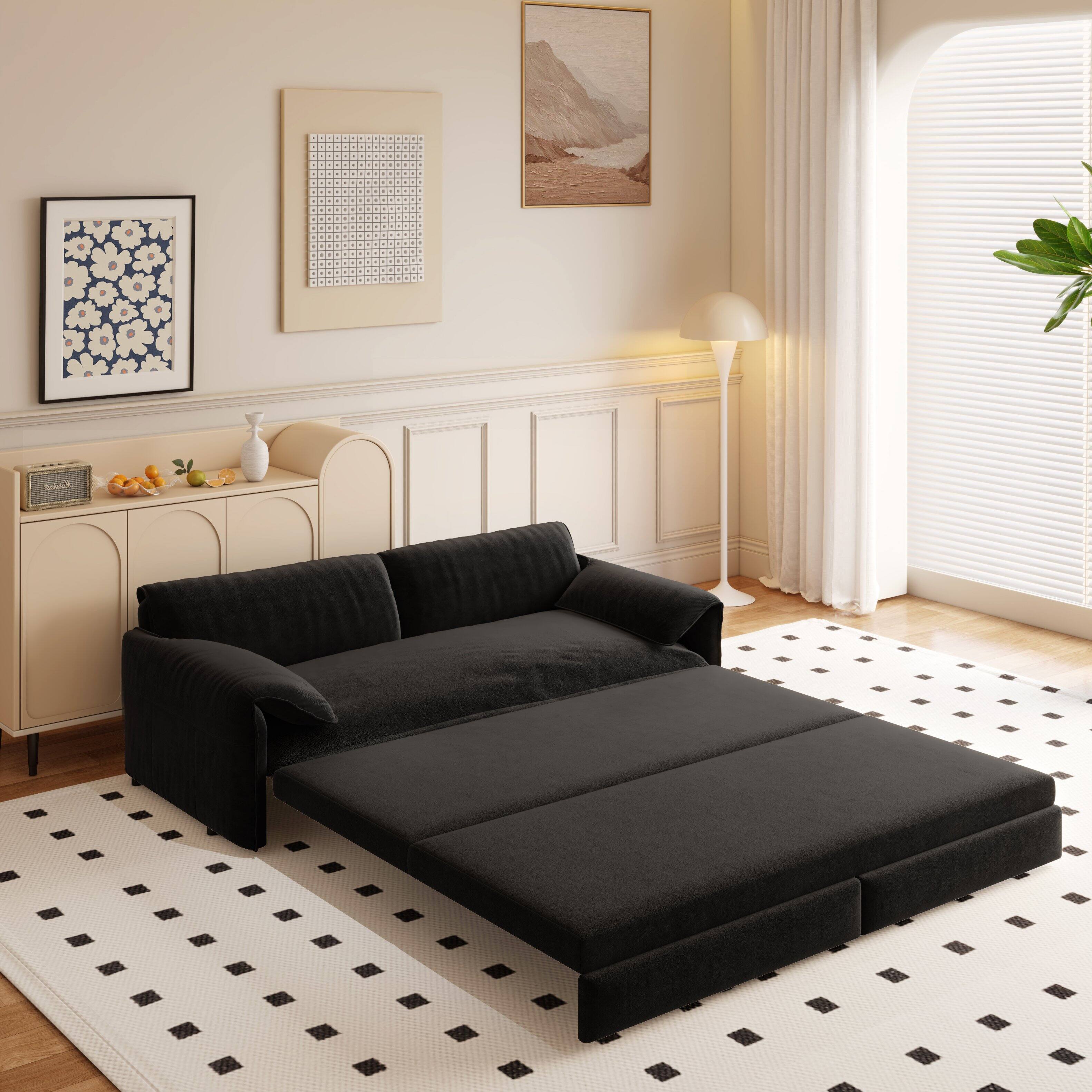 Angle. APRILSOUL - Queen Pull Out Sofa Bed 3 in 1 Convertible Sleeper Side Storage Velvet Loveseat Living Room Bedroom Apartment Office - Black.