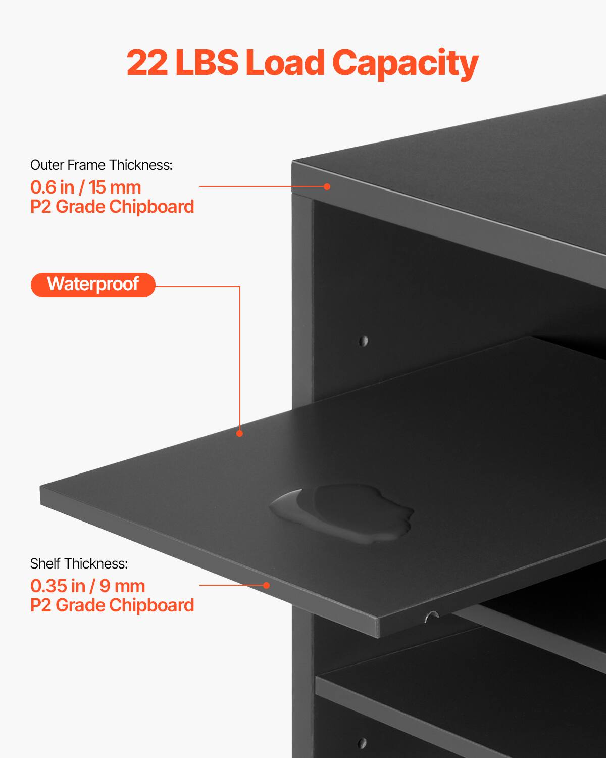 22 LBS Load Capacity

Outer Frame Thickness:  
0.6 in / 15 mm  
P2 Grade Chipboard

Waterproof

Shelf Thickness:  
0.35 in / 9 mm  
P2 Grade Chipboard