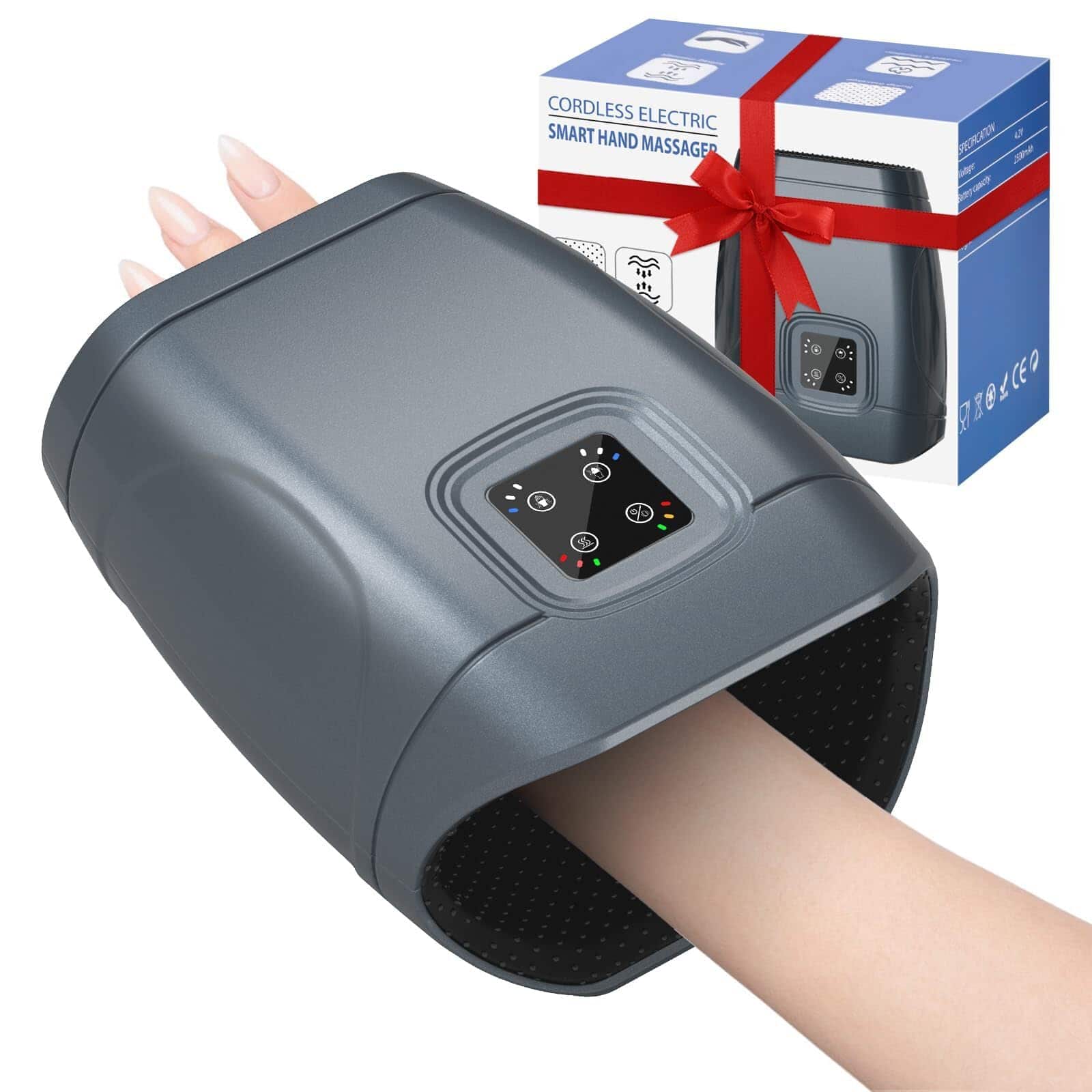 Live At Space - Cordless Heated Hand Massager, 3 Levels Compression & Vibration, Arthritis Relief, Grey - 642146670107