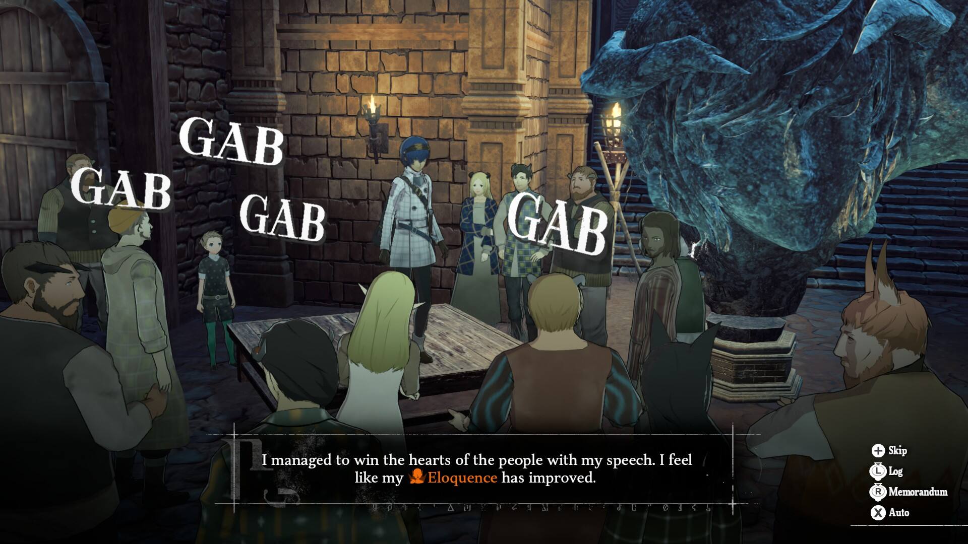 GAB GAB GAB GAB

I managed to win the hearts of the people with my speech. I feel like my Eloquence has improved.
