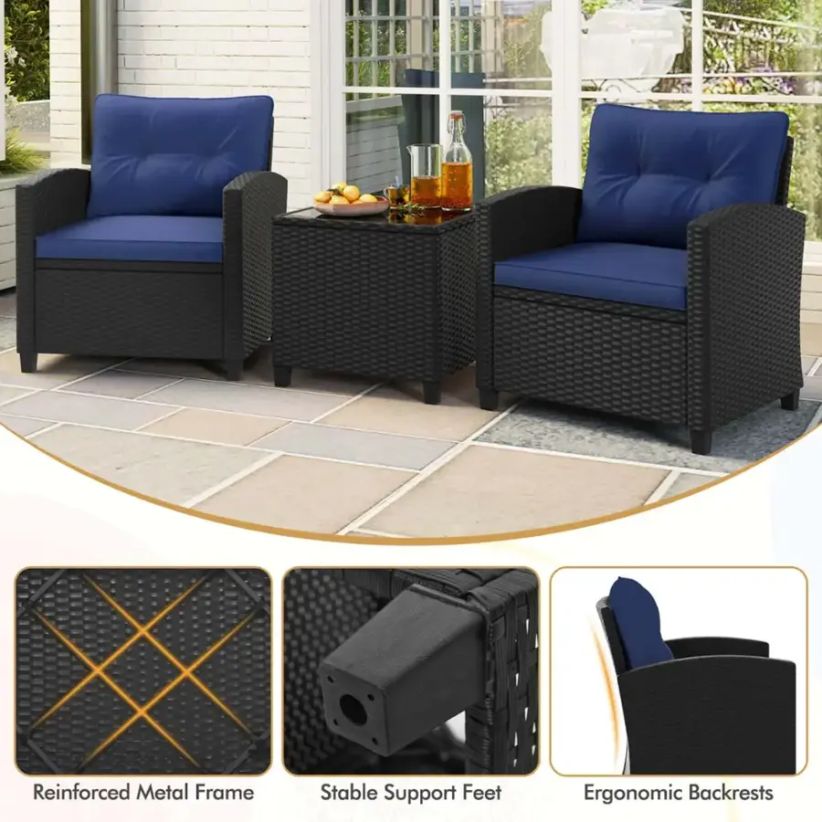 The text on the image reads: "Reinforced Metal Frame Stable Support Feet Ergonomic Backrests."