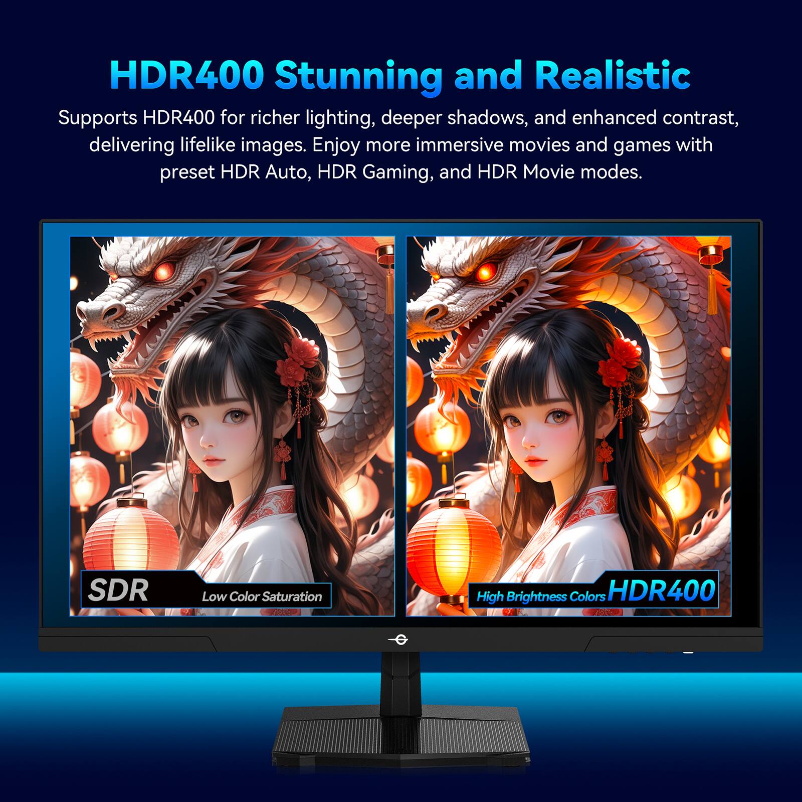 HDR400 Stunning and Realistic
Supports HDR400 for richer lighting, deeper shadows, and enhanced contrast, delivering lifelike images. Enjoy more immersive movies and games with preset HDR Auto, HDR Gaming, and HDR Movie modes.
SDR: Low Color Saturation
HDR400: High Brightness Colors