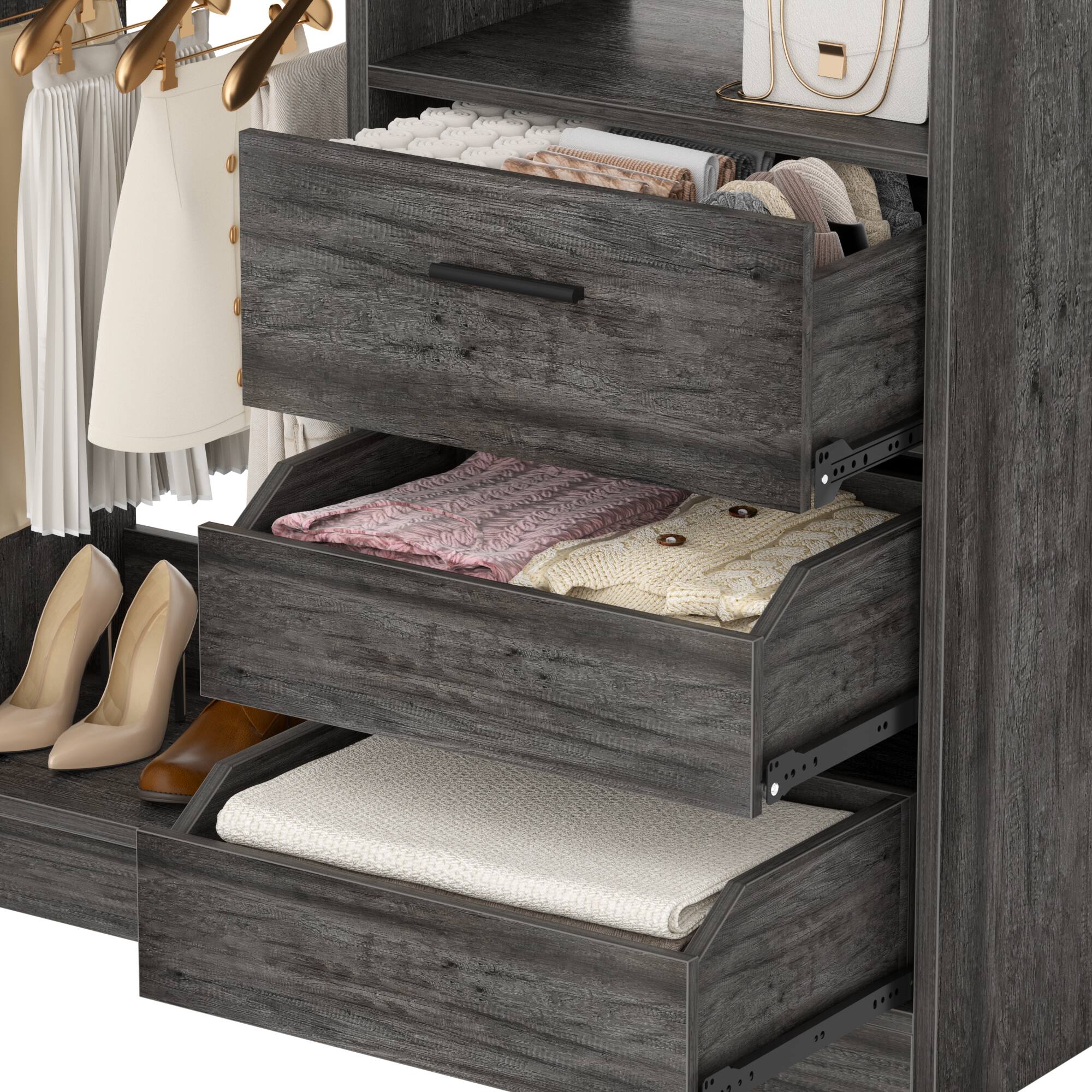 Alt View 2. Aheaplus - 2-Piece 72"Heavy Duty Closet Organizer System with 6 Drawers, 4 Hanging Rods & Adjustable Shelves - Gray Oak.
