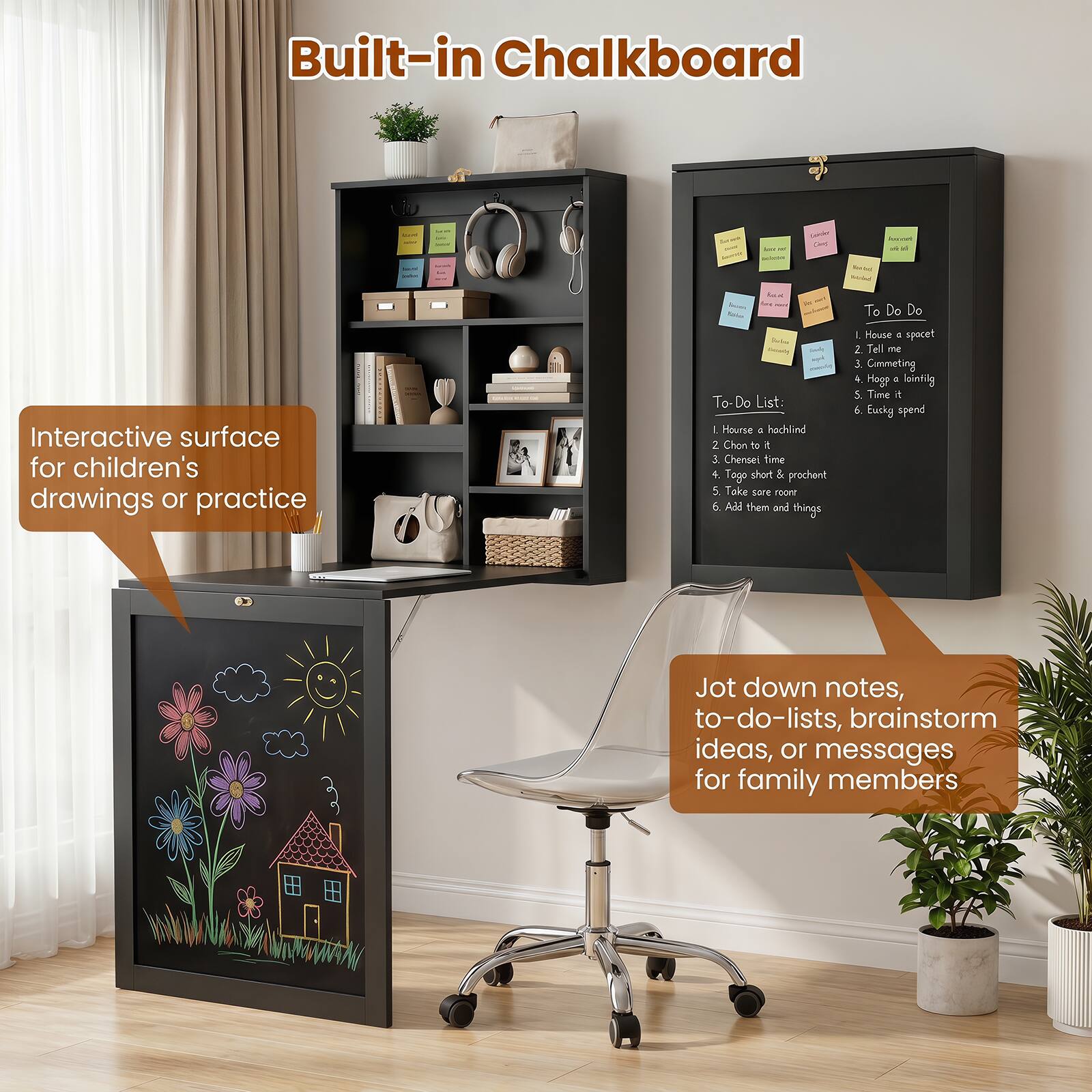 Built-in Chalkboard

Interactive surface for children's drawings or practice

To-Do List:
1. House a hound
2. Chon to it
3. Chensel time
4. Togo short & prochent
5. Take care room d

To Do Do
1. House a spacet
2. Tell me
3. Commeting
4. Hegr
5. Time it
6. Eusky spend

Jot down notes, to-do-lists, brainstorm ideas, or messages for family members