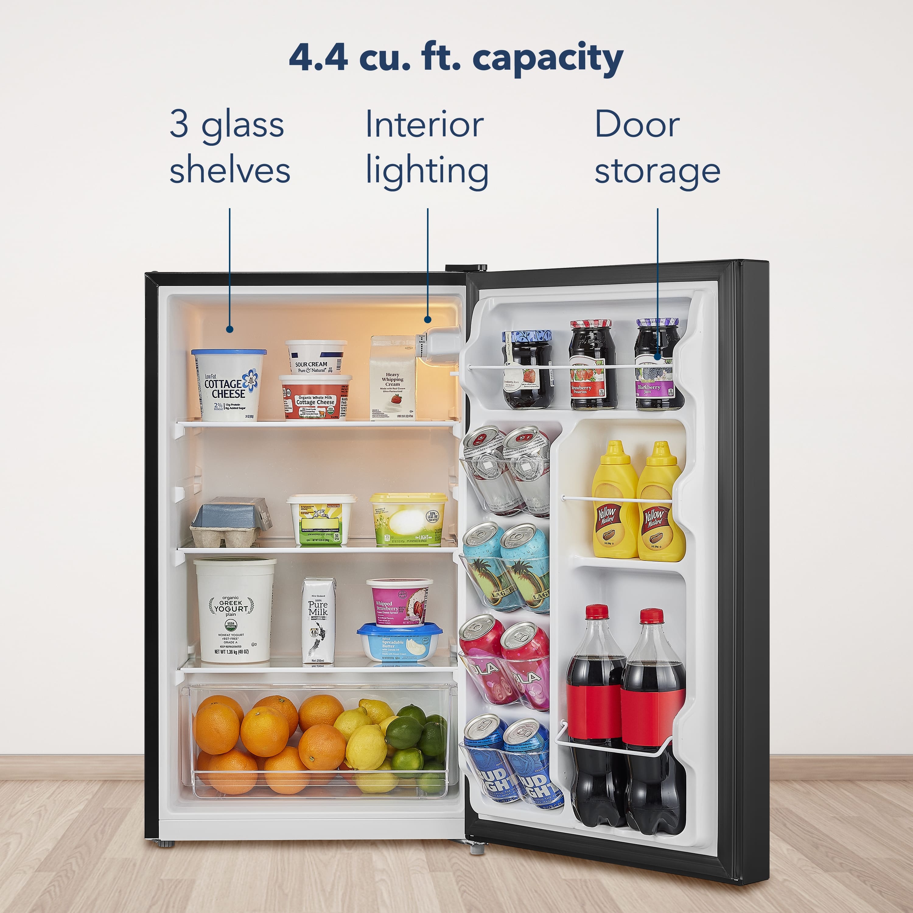 4.4 cu. ft. capacity
3 glass shelves
Interior lighting
Door storage