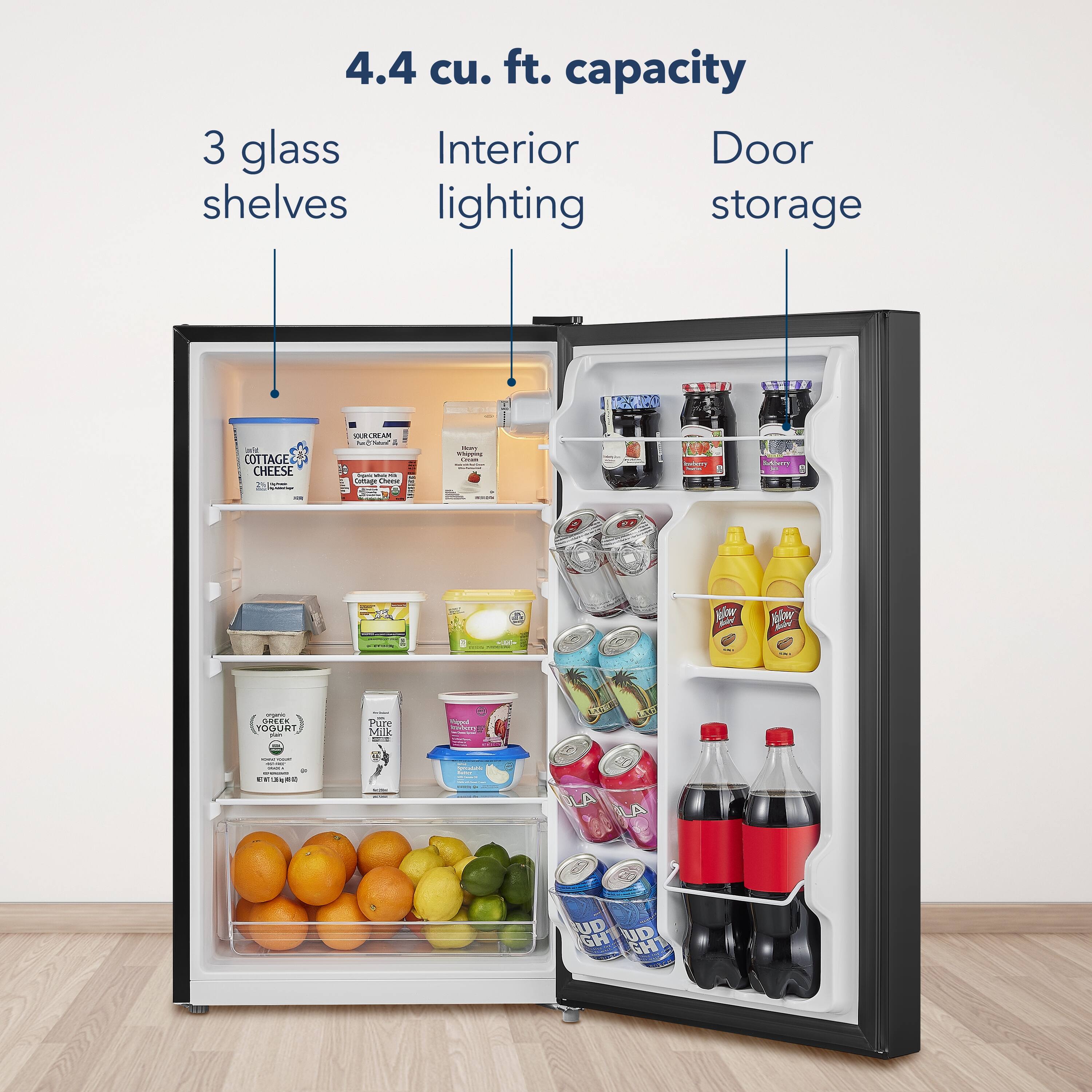 4.4 cu. ft. capacity

3 glass shelves

Interior lighting

Door storage