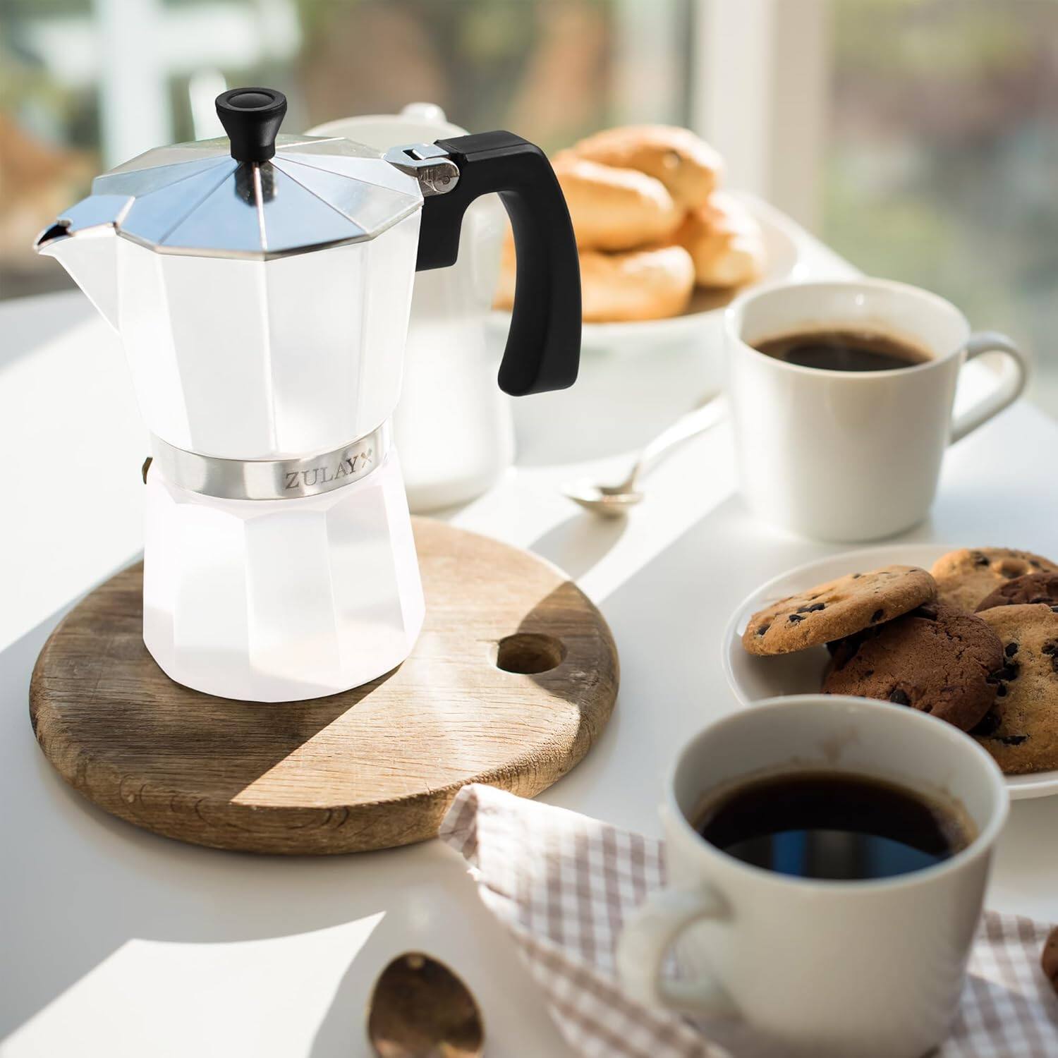 Angle. Zulay Kitchen - Zulay Kitchen Stovetop Espresso Maker - Moka Pot 12 Espresso Cups - White.