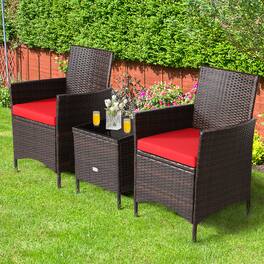Gymax - 3PCS Outdoor Rattan Conversation Set Patio Furniture Set w/ Red Cushions - Brown