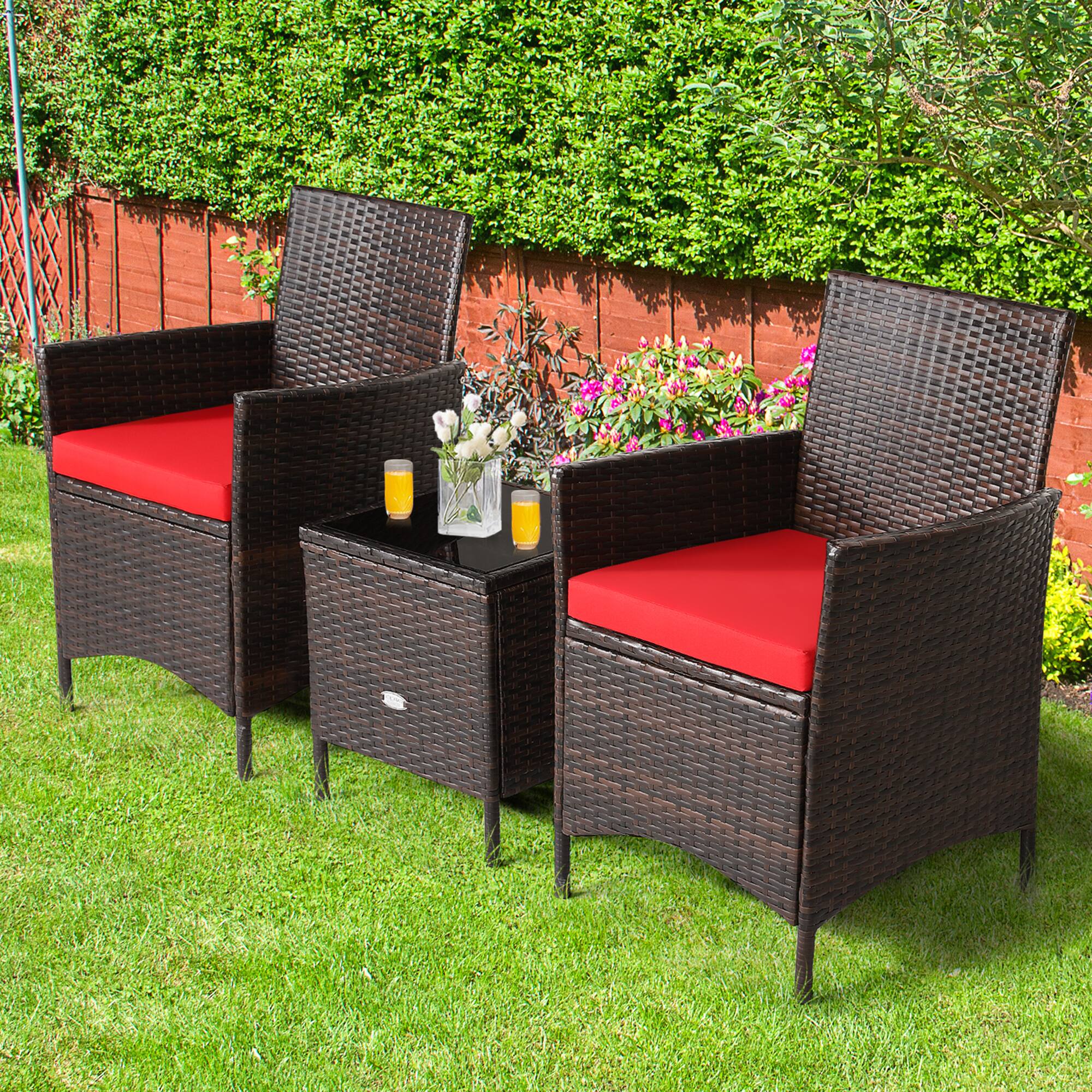 Front. Gymax - Gymax 3PCS Outdoor Rattan Conversation Set Patio Furniture Set w/ Red Cushions - Brown.